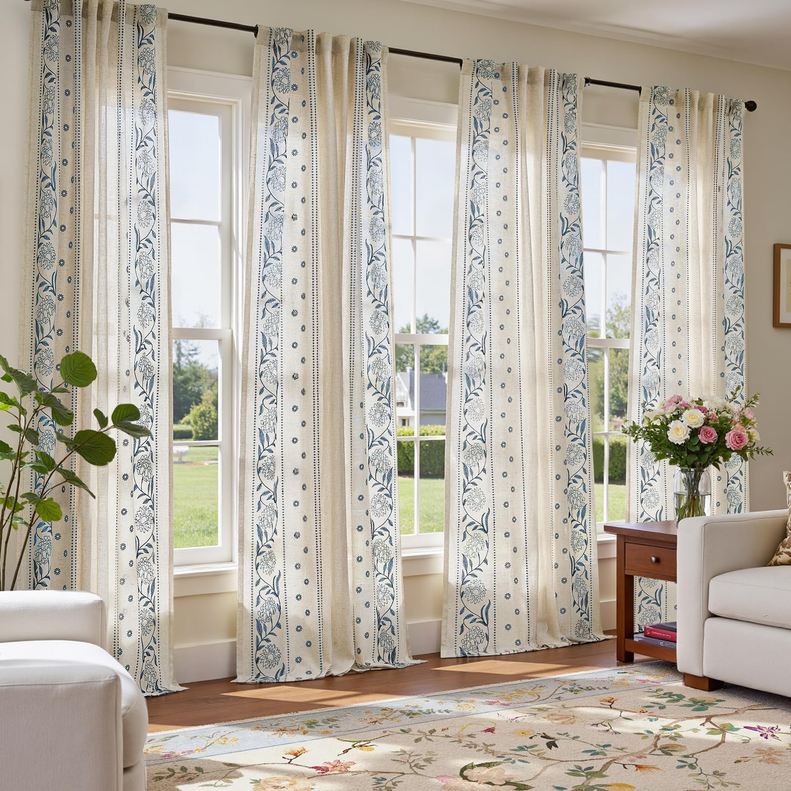 jinchan Winslow Linen Curtains for Bedroom 84 Inches Length Embroidered Bordered Floral Curtains for Living Room Farmhouse Decor Light Filtering Window Treatments Sage on Beige Drapes 2 Panels