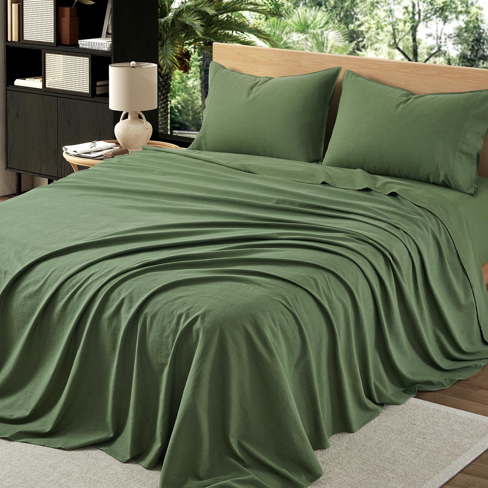 4Pcs Organic Linen Sheets Queen Size, 100% French Linen from Normandy, Breathable Natural Linen Queen Sheet Set with 16 Inch Deep Pocket, 1 Flat Sheet, 1 Fitted Sheet, 2 Pillowcases
