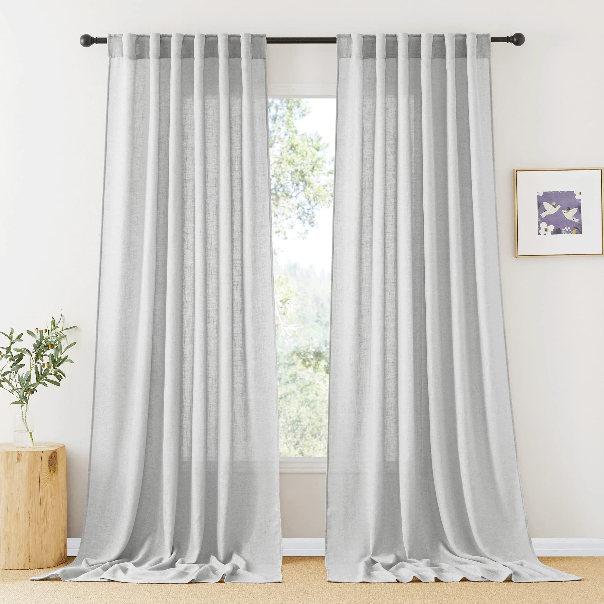 RYB HOME Farmhouse Sheer Curtains 108 inch Length, Semi Sheer Curtain & Drapes Large Window Dressing Lights & Winds Filter for Bedroom Home Office Living Room, Linen, W 70 x L 108 inch Long, 1 Pair
