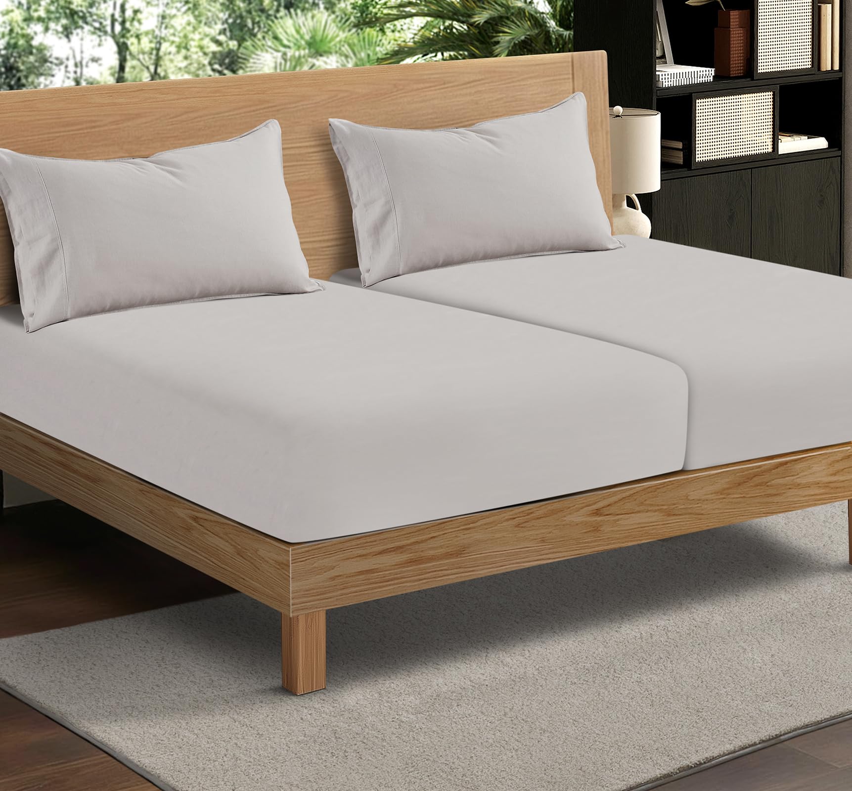 4Pcs Organic Linen Sheets Queen Size, 100% French Linen from Normandy, Breathable Natural Linen Queen Sheet Set with 16 Inch Deep Pocket, 1 Flat Sheet, 1 Fitted Sheet, 2 Pillowcases