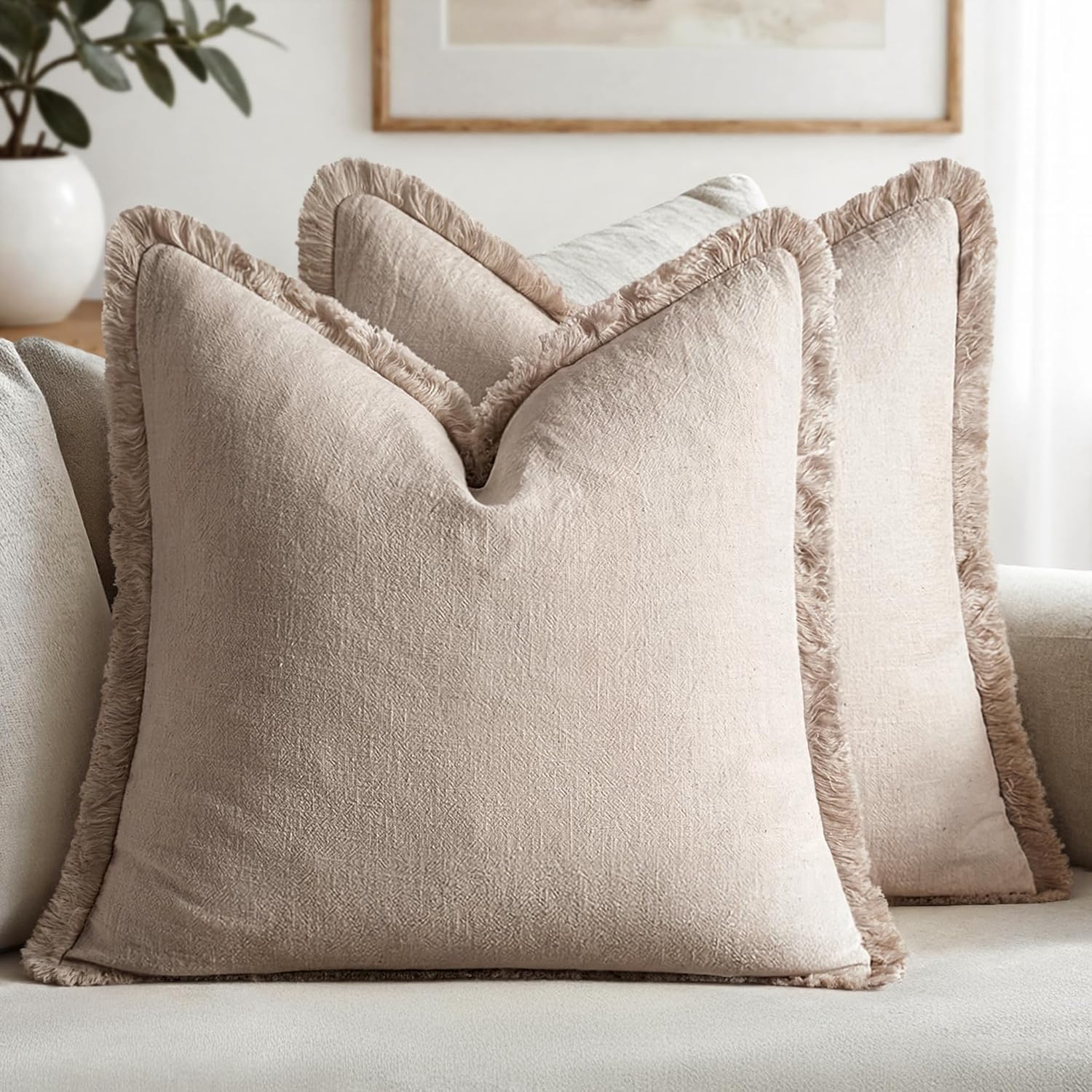 MIULEE Decorative Throw Pillow Covers Neutral Linen Fringe Throw Pillows Set of 2 Natural Linen Boho Farmhouse Cushion Covers with Tassels for Couch Sofa Bed Spring Home Decor 28x28 Inch