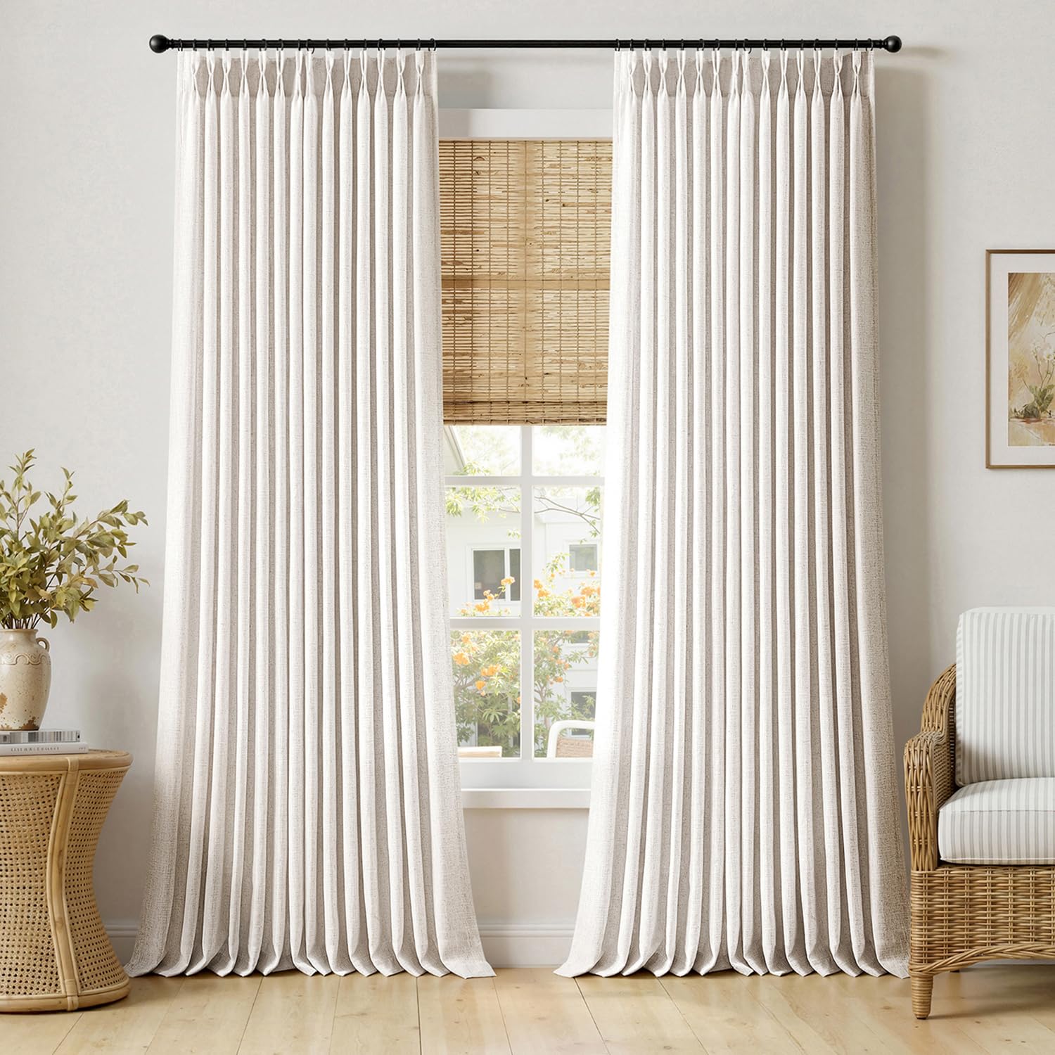 MIULEE Pinch Pleated Thick Linen Curtains 90 Inches Long 2 Panels for Living Room Bedroom, Linen Texture Memory Trained Drapes Pinch Pleat Rustic Farmhouse Window Curtains with Hooks&Rings, Taupe