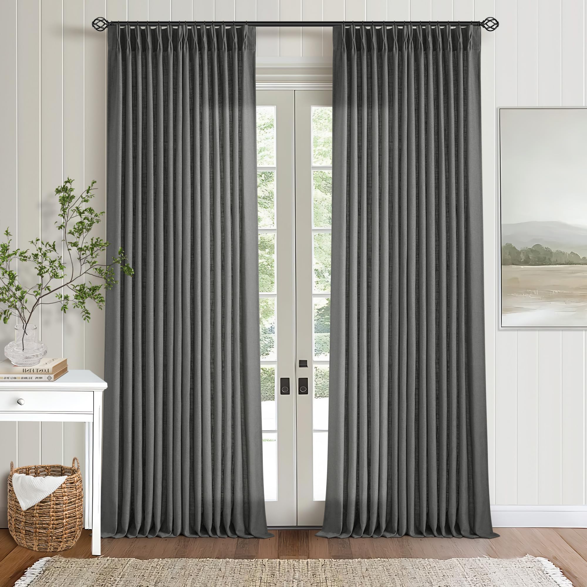 90 Inch Pinch Pleated Linen Curtains 2 Panel Set for Living Room Cream Natural Thick Linen Textured Drapes 90 Inches Long Pinch Pleat Drapes Birch Ivory Semi Sheer Curtain for Dining Bedroom Office