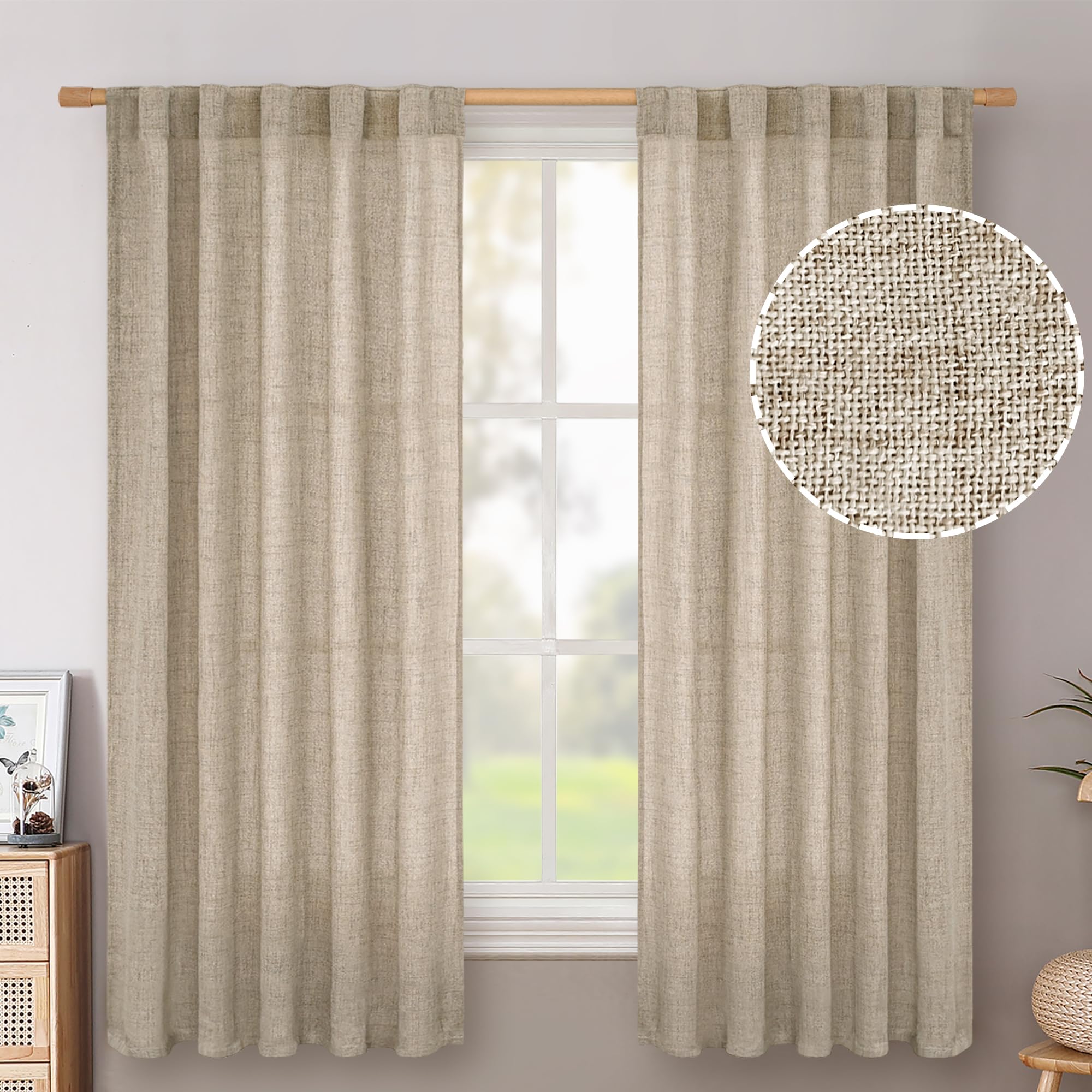 BGment Long 102 Inch Length Linen Curtains for Living Room, Natural Rod Pocket Textured Burlap Drapes Rustic Country Light Filtering for Bedroom Semi Sheer Back Tab, 2 Panel, 52 Inch Wide Each Panel
