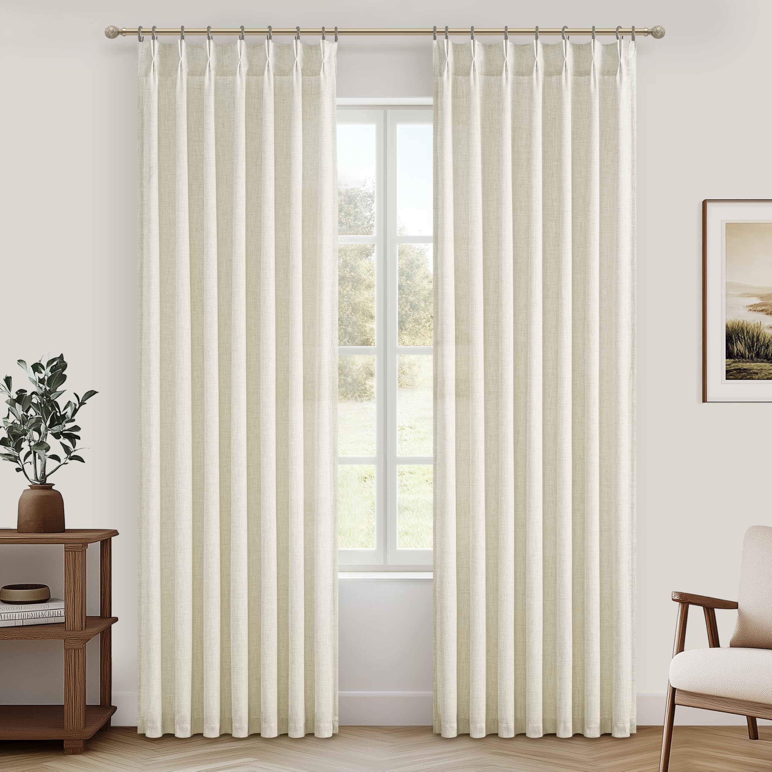 PleatedDrapes 96 Inch Curtains 2 Panel Set, Modern Linen Pleat Back Tab Dining Room Window Curtains Light Filtering Aesthetic Semi Sheer Living Room Drapes with Hooks Ring Cream Oatmeal W40 x L96