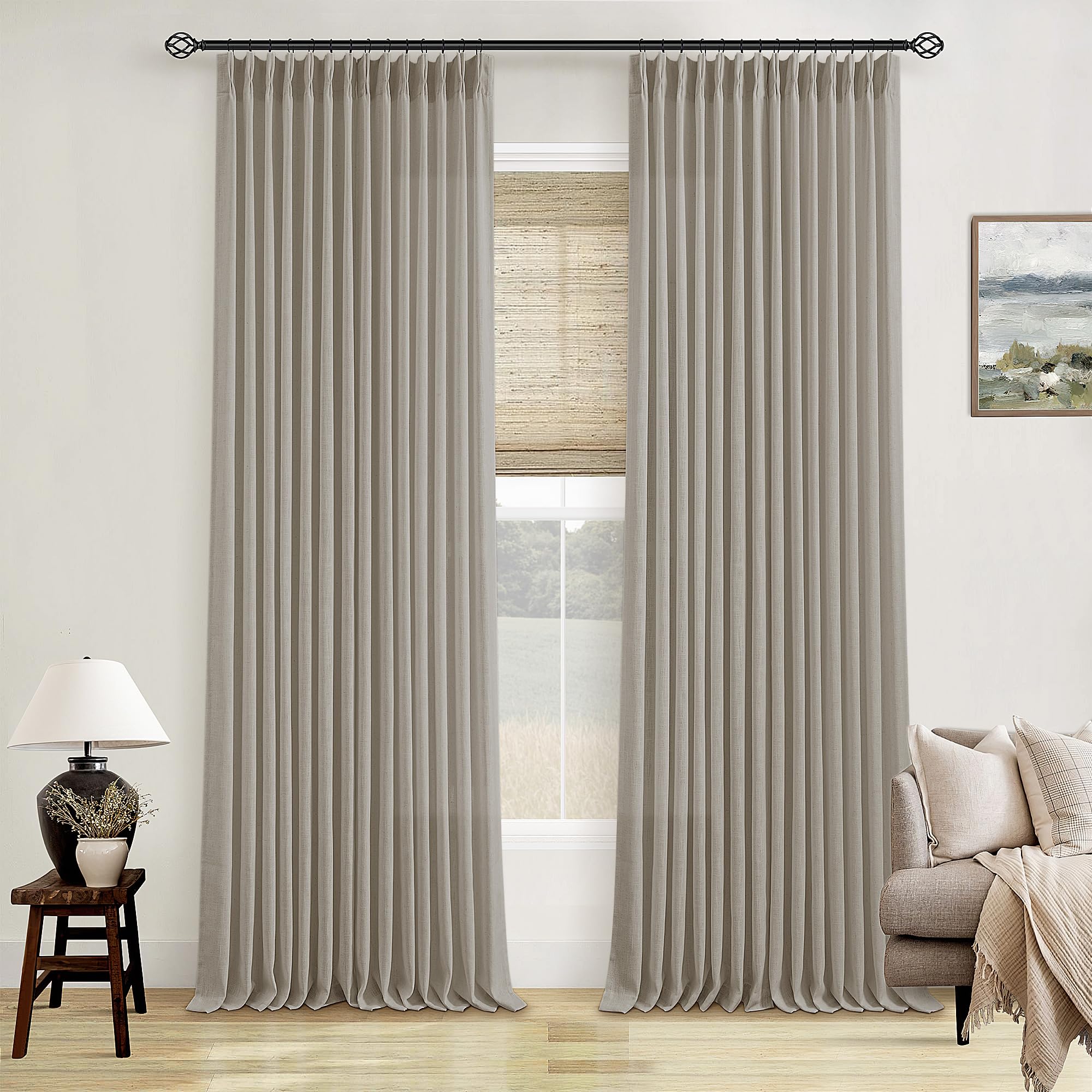 90 Inch Pinch Pleated Linen Curtains 2 Panel Set for Living Room Cream Natural Thick Linen Textured Drapes 90 Inches Long Pinch Pleat Drapes Birch Ivory Semi Sheer Curtain for Dining Bedroom Office