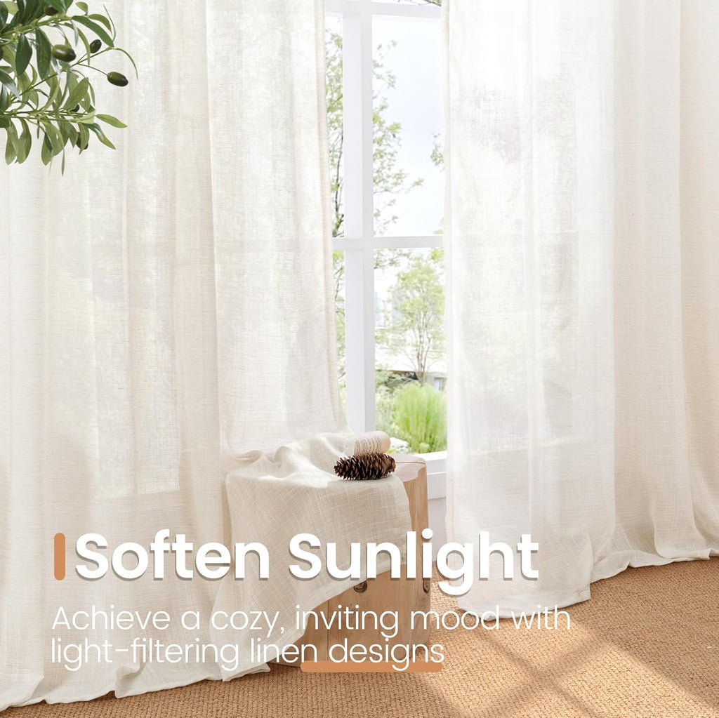 BGment 90 Inches Long Curtains Linen Semi Sheer, Light Filtering Window Treatments Drapes with Rod Pocket Lightweight for Living Room Bedroom, 2 Panels, 52 Inch Wide Each Panel