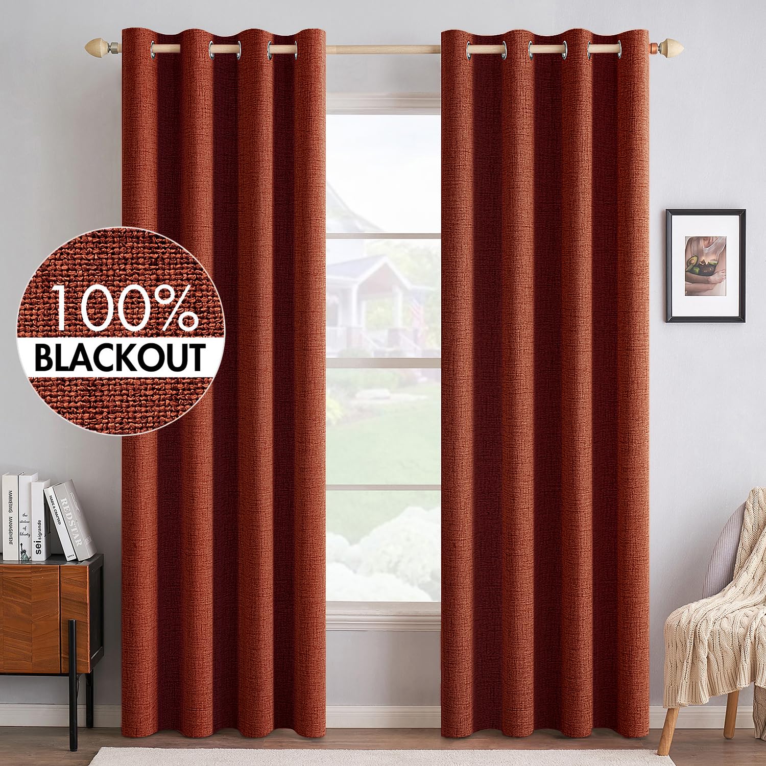 MIULEE 100% Blackout Linen Curtains for Bedroom Thermal Insulated Birch Grommet Room Darkening Curtains & Drapes for Living Room Nursery 52 x 96 Inch (2 Panels)