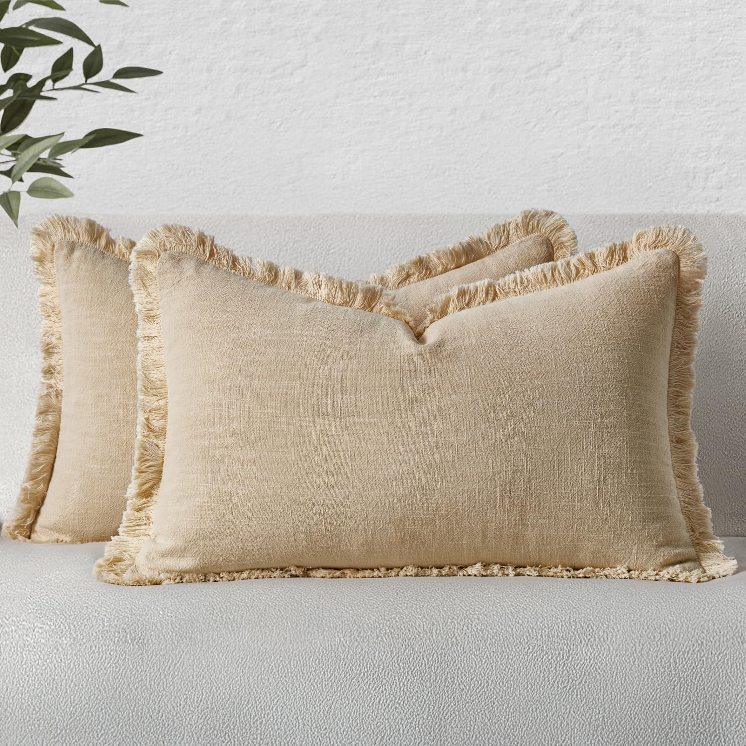MIULEE Decorative Throw Pillow Covers Neutral Linen Fringe Throw Pillows Euro Shams Set of 2 Brown Boho Farmhouse Cushion Covers for Couch Sofa Bed Living Room Spring Home Decor 26x26 Inch