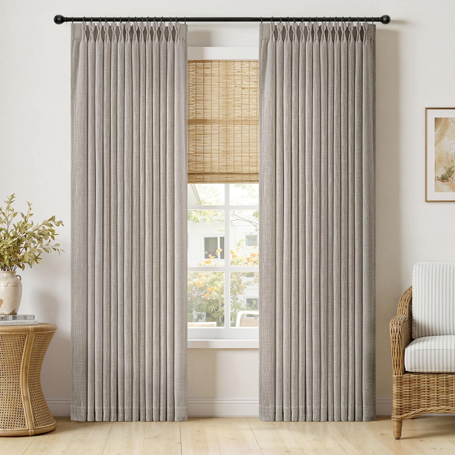 MIULEE Pinch Pleated Thick Linen Curtains 90 Inches Long 2 Panels for Living Room Bedroom, Linen Texture Memory Trained Drapes Pinch Pleat Rustic Farmhouse Window Curtains with Hooks&Rings, Taupe