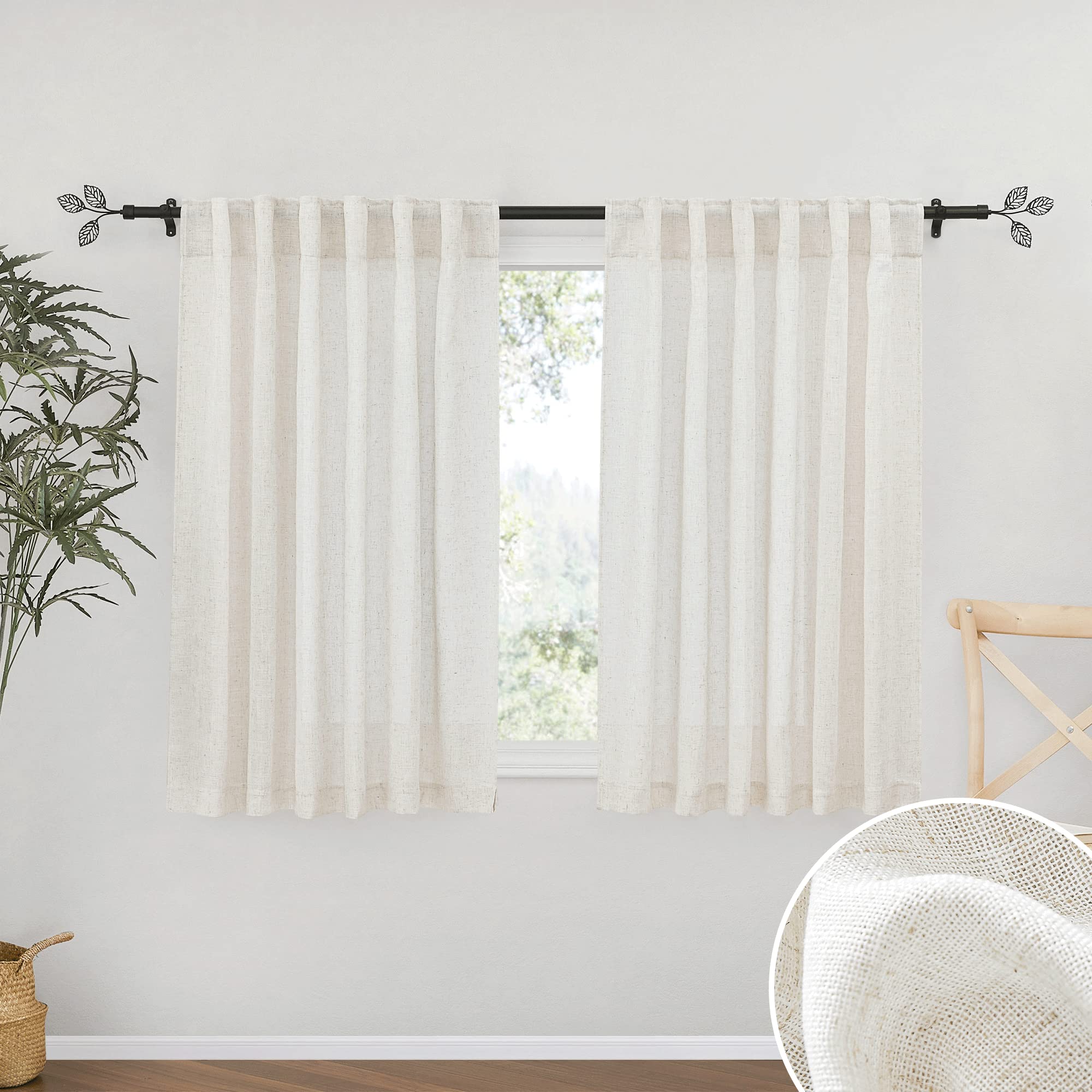 RYB HOME Farmhouse Sheer Curtains 108 inch Length, Semi Sheer Curtain & Drapes Large Window Dressing Lights & Winds Filter for Bedroom Home Office Living Room, Linen, W 70 x L 108 inch Long, 1 Pair
