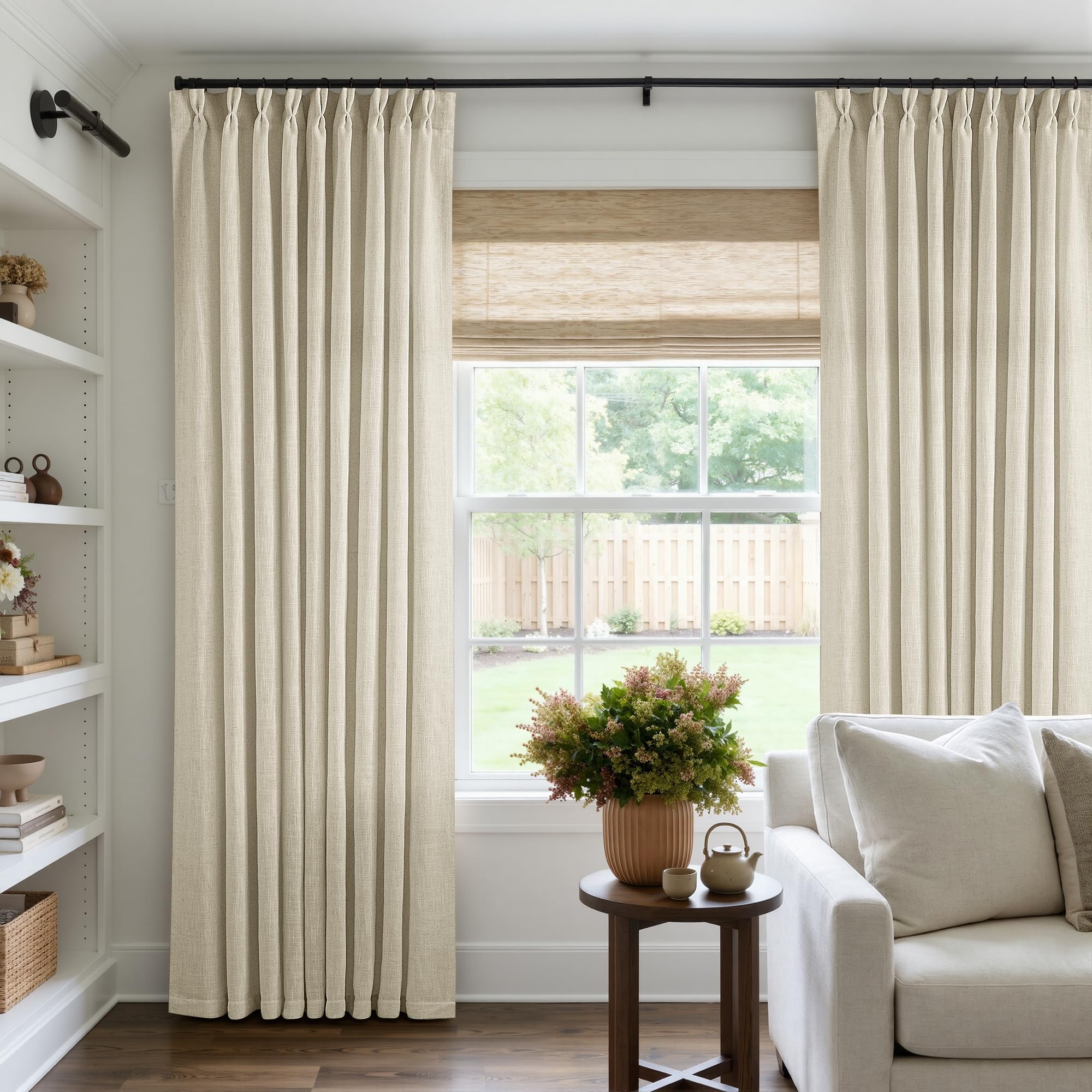90 Inch Pinch Pleated Linen Curtains 2 Panel Set for Living Room Cream Natural Thick Linen Textured Drapes 90 Inches Long Pinch Pleat Drapes Birch Ivory Semi Sheer Curtain for Dining Bedroom Office