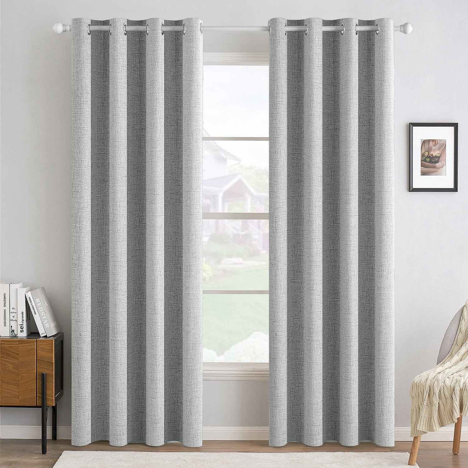 MIULEE 100% Blackout Linen Curtains for Bedroom Thermal Insulated Birch Grommet Room Darkening Curtains & Drapes for Living Room Nursery 52 x 96 Inch (2 Panels)