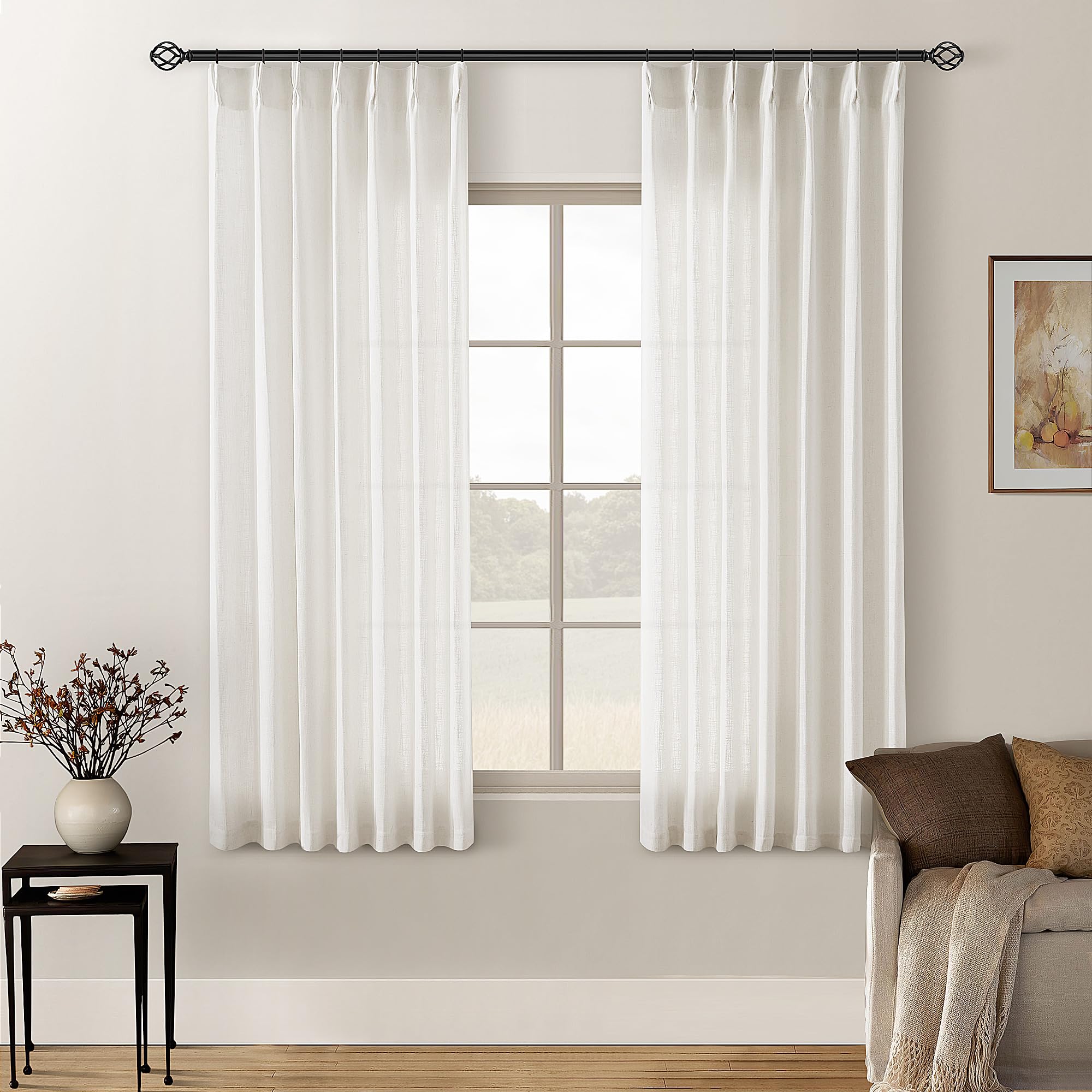 90 Inch Pinch Pleated Linen Curtains 2 Panel Set for Living Room Cream Natural Thick Linen Textured Drapes 90 Inches Long Pinch Pleat Drapes Birch Ivory Semi Sheer Curtain for Dining Bedroom Office