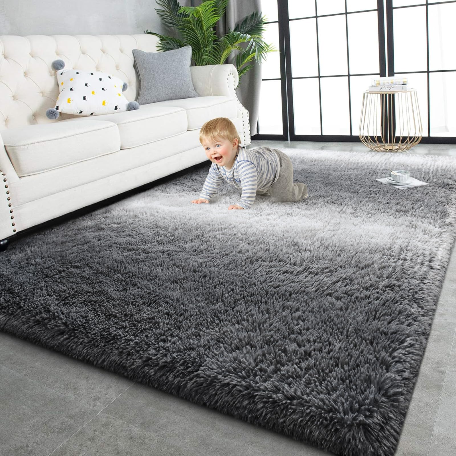 TWINNIS Super Soft Shaggy Rugs Fluffy Carpets, 6x9 Feet, Indoor Modern Plush Area Rugs for Living Room Bedroom Kids Room Nursery Home Decor, Upgrade Anti-Skid Rectangular Fuzzy Rug, Black Gray