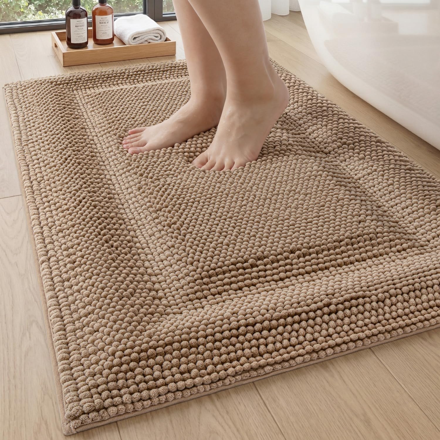DEXI Bathroom Rugs 24x43, Non Slip Washable Bath Mat, Luxury Chenille Super Absorbent Ultra Thick Bathmats for Shower Floor, Plush Fluffy Shaggy Carpet for Tub, Beige