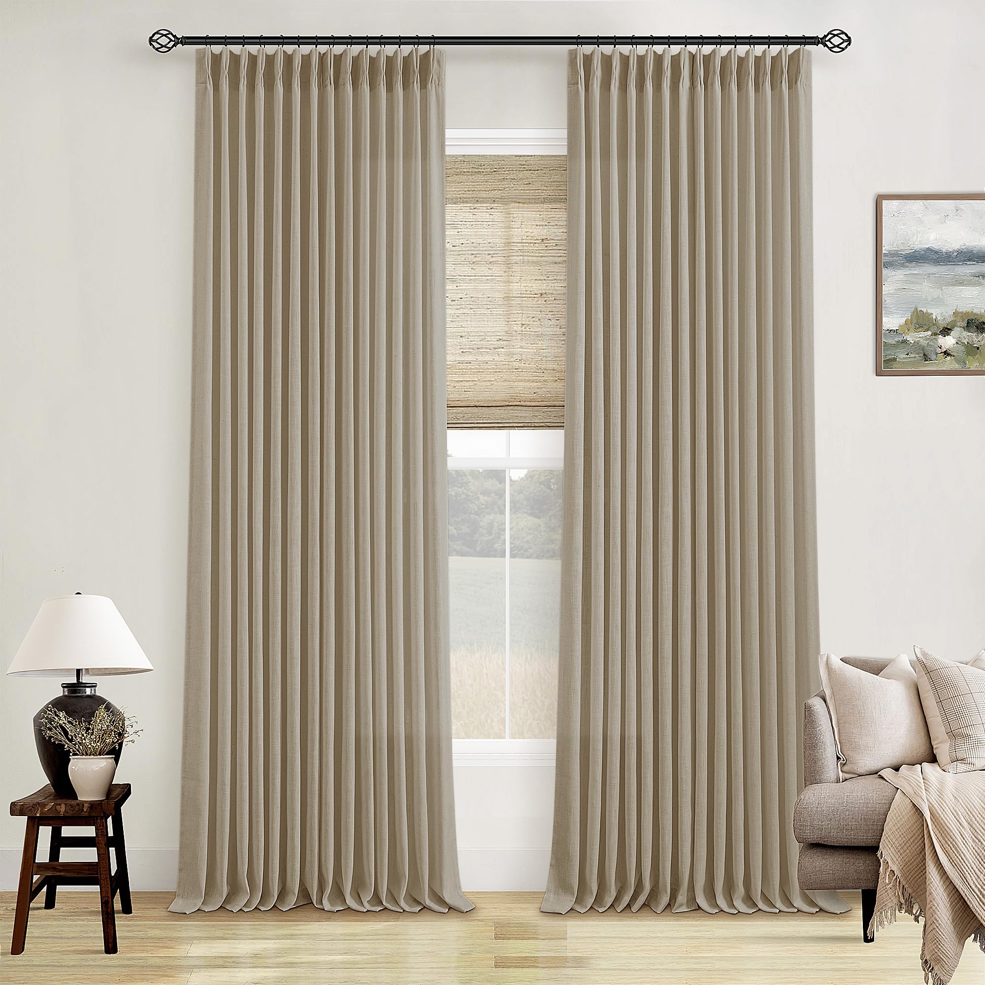 90 Inch Pinch Pleated Linen Curtains 2 Panel Set for Living Room Cream Natural Thick Linen Textured Drapes 90 Inches Long Pinch Pleat Drapes Birch Ivory Semi Sheer Curtain for Dining Bedroom Office