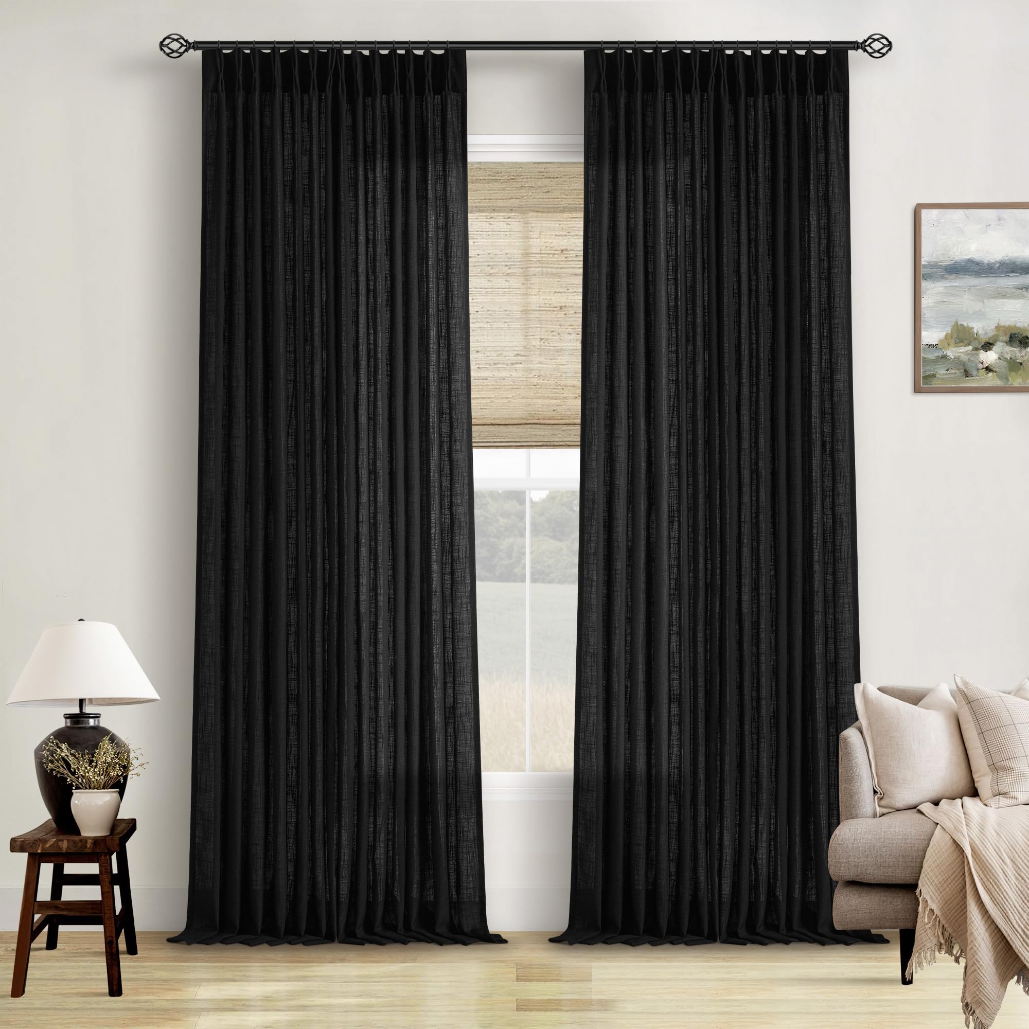90 Inch Pinch Pleated Linen Curtains 2 Panel Set for Living Room Cream Natural Thick Linen Textured Drapes 90 Inches Long Pinch Pleat Drapes Birch Ivory Semi Sheer Curtain for Dining Bedroom Office