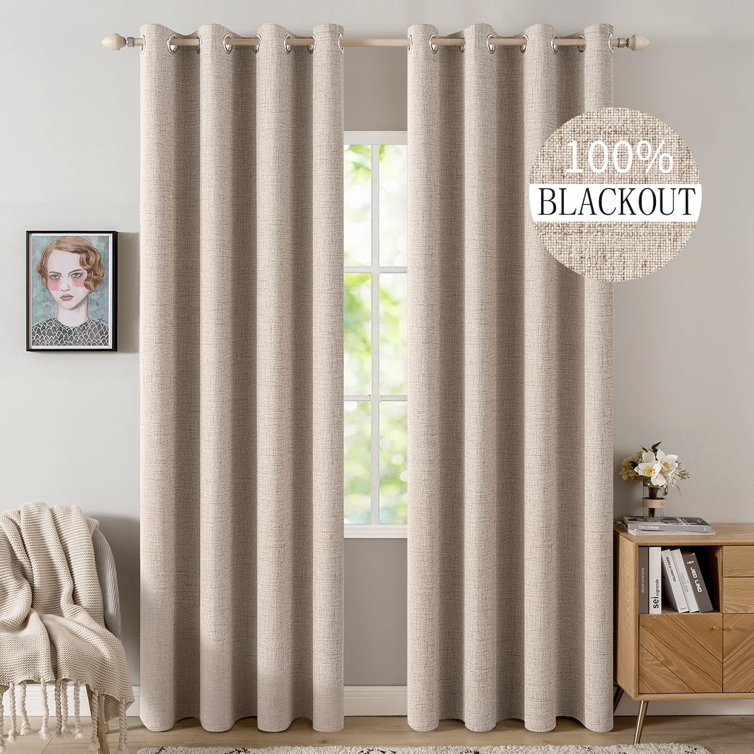 MIULEE 100% Blackout Linen Curtains for Bedroom Thermal Insulated Birch Grommet Room Darkening Curtains & Drapes for Living Room Nursery 52 x 96 Inch (2 Panels)