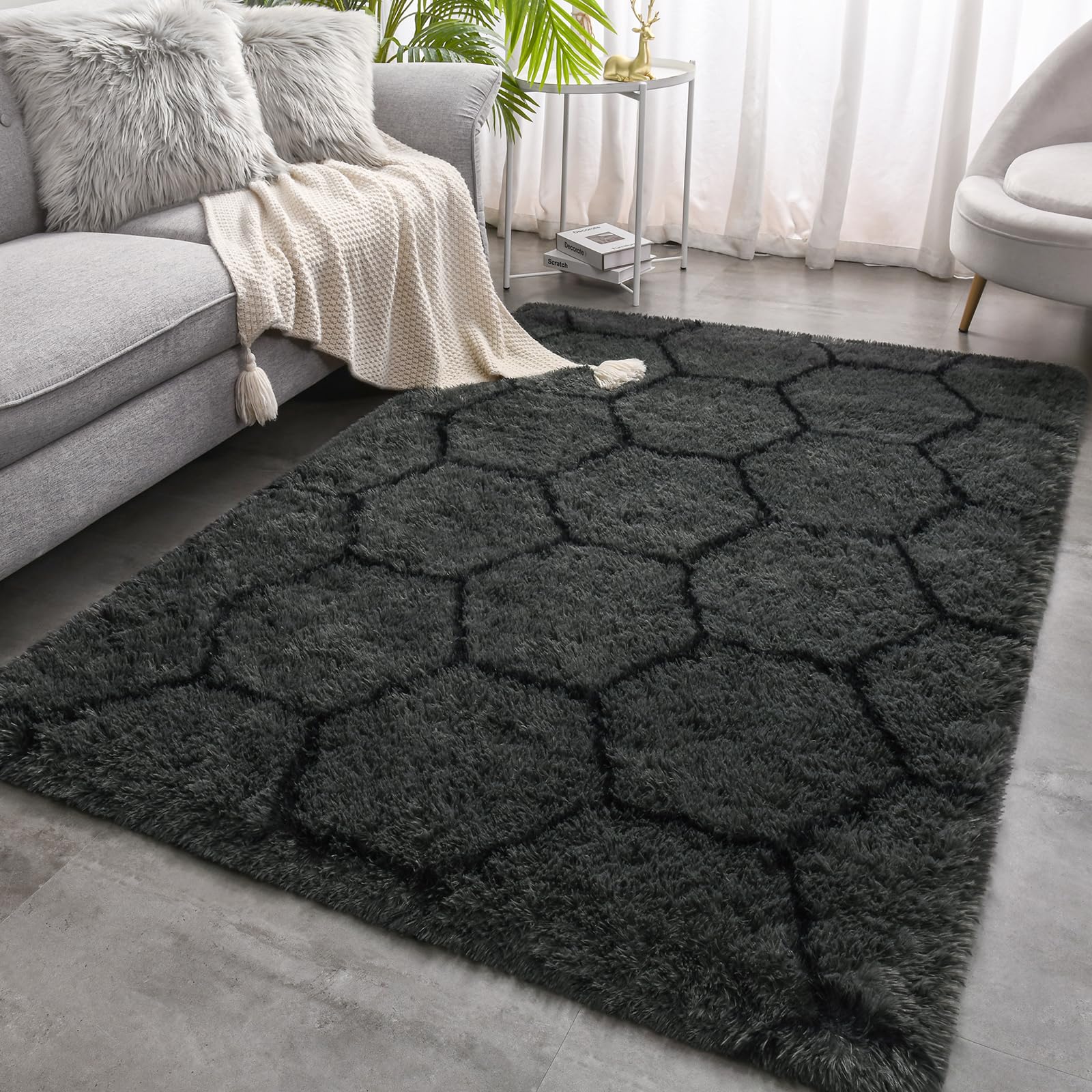 Merelax Soft Modern Indoor Shaggy Area Rug for Bedroom Livingroom Dorm Kids Room Home Decorative, Non-Slip Plush Fluffy Furry Fur Rugs Comfy Nursery Accent Floor Carpet 2x3 Feet, Black