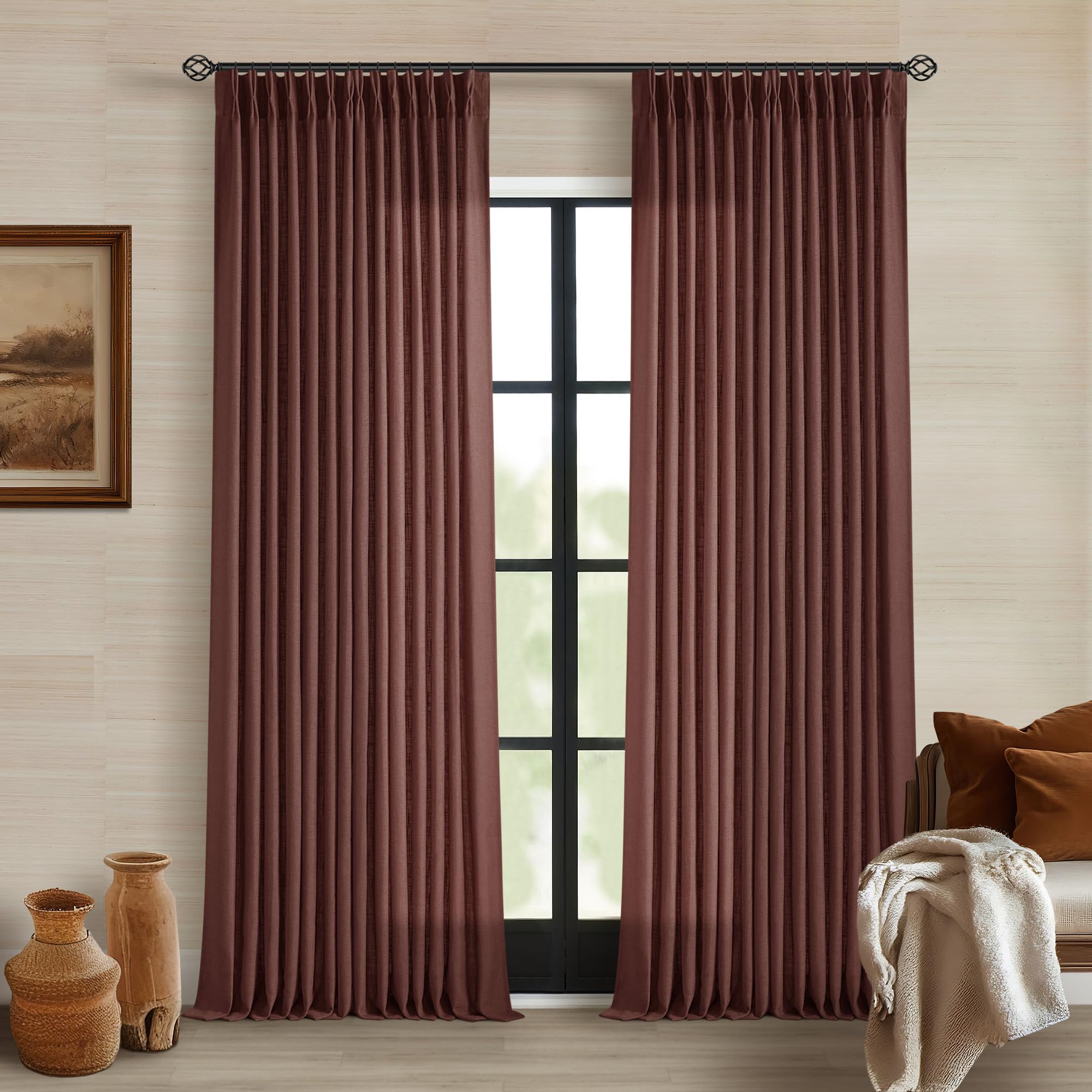 90 Inch Pinch Pleated Linen Curtains 2 Panel Set for Living Room Cream Natural Thick Linen Textured Drapes 90 Inches Long Pinch Pleat Drapes Birch Ivory Semi Sheer Curtain for Dining Bedroom Office