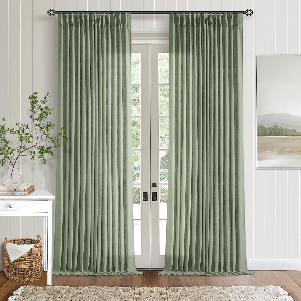 90 Inch Pinch Pleated Linen Curtains 2 Panel Set for Living Room Cream Natural Thick Linen Textured Drapes 90 Inches Long Pinch Pleat Drapes Birch Ivory Semi Sheer Curtain for Dining Bedroom Office