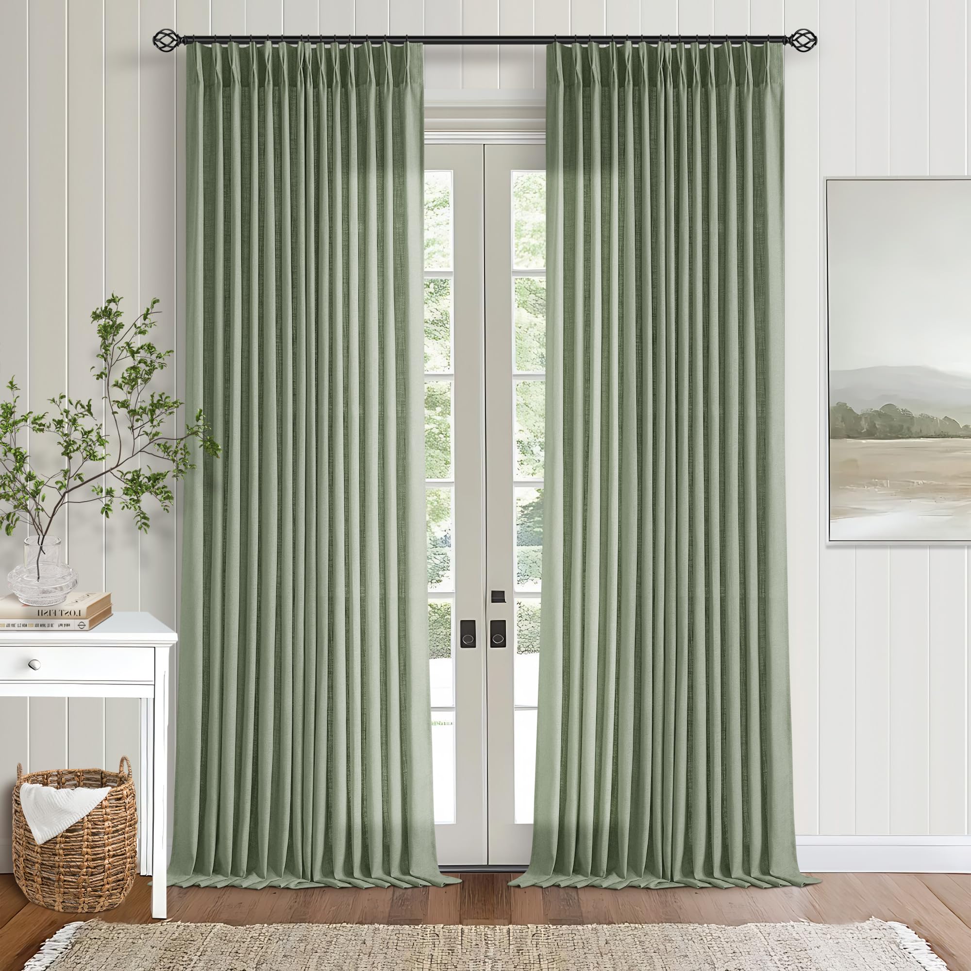 90 Inch Pinch Pleated Linen Curtains 2 Panel Set for Living Room Cream Natural Thick Linen Textured Drapes 90 Inches Long Pinch Pleat Drapes Birch Ivory Semi Sheer Curtain for Dining Bedroom Office