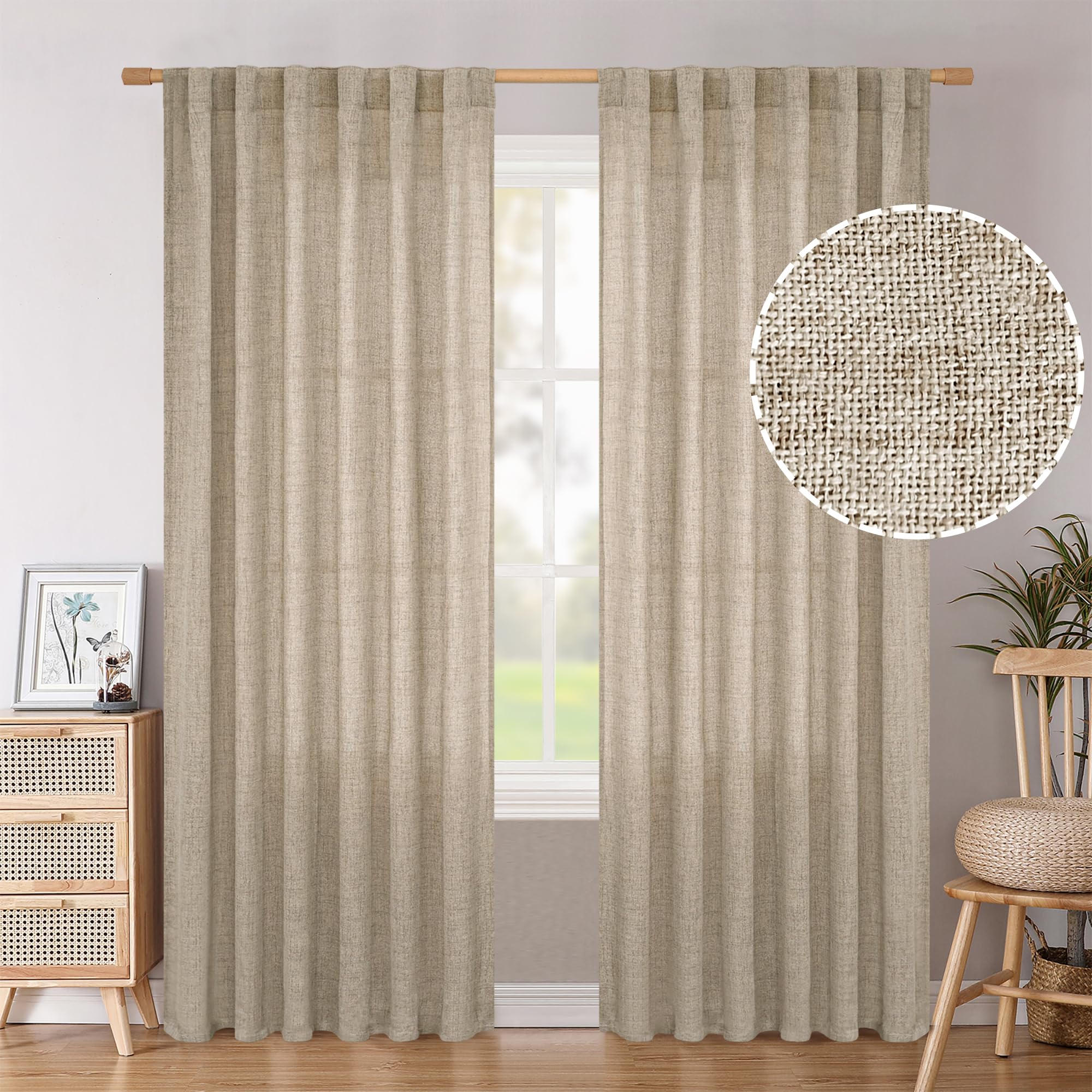 BGment Long 102 Inch Length Linen Curtains for Living Room, Natural Rod Pocket Textured Burlap Drapes Rustic Country Light Filtering for Bedroom Semi Sheer Back Tab, 2 Panel, 52 Inch Wide Each Panel