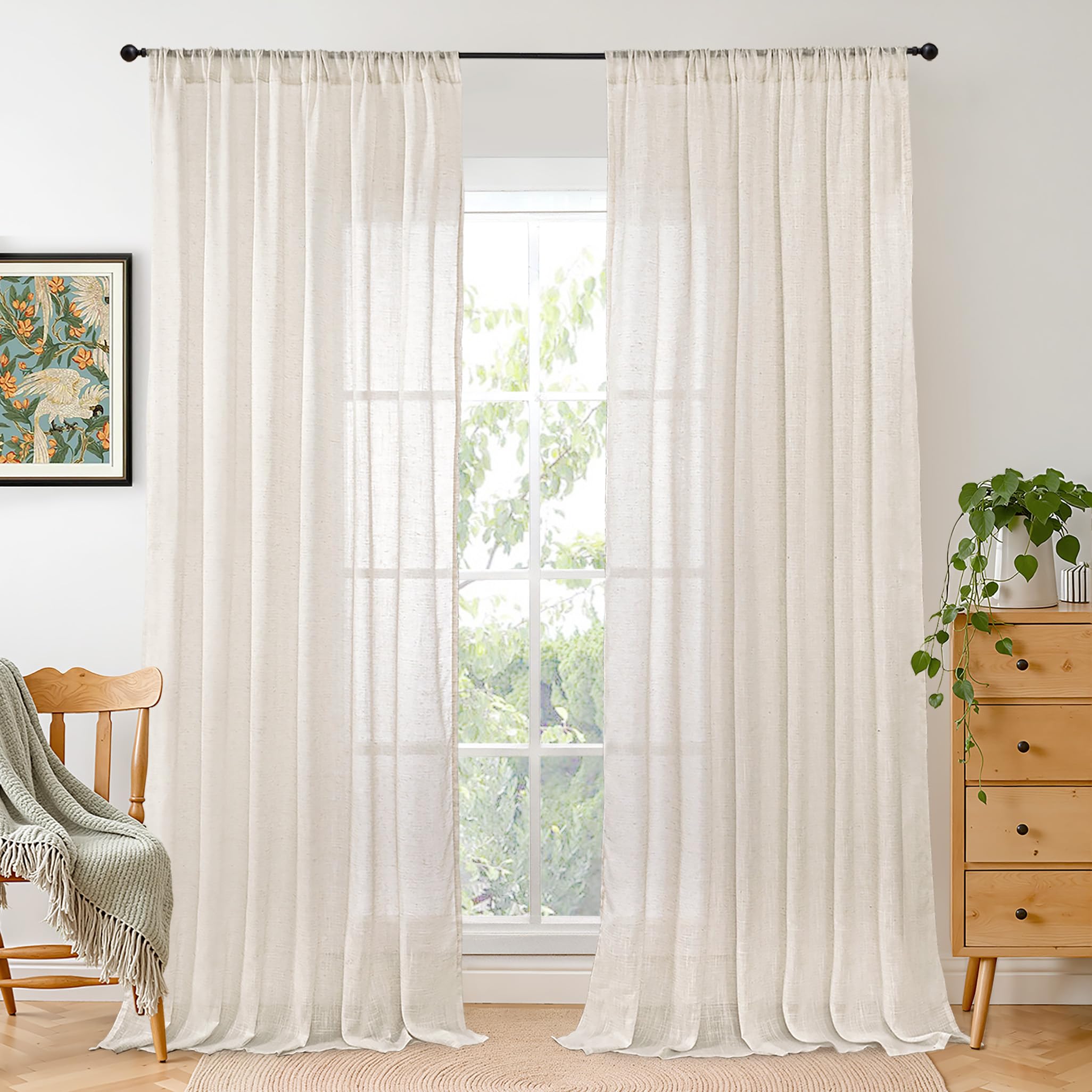 BGment 90 Inches Long Curtains Linen Semi Sheer, Light Filtering Window Treatments Drapes with Rod Pocket Lightweight for Living Room Bedroom, 2 Panels, 52 Inch Wide Each Panel