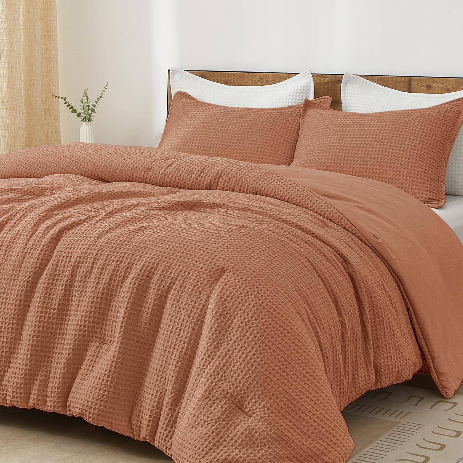 PHF Ultra Soft Waffle Weave Comforter Set Queen Size, 3 Pieces Lightweight Breathable Comfy Bedding Set, Comfy Textured 1 Comforter with 2 Pillow Shams, Linen