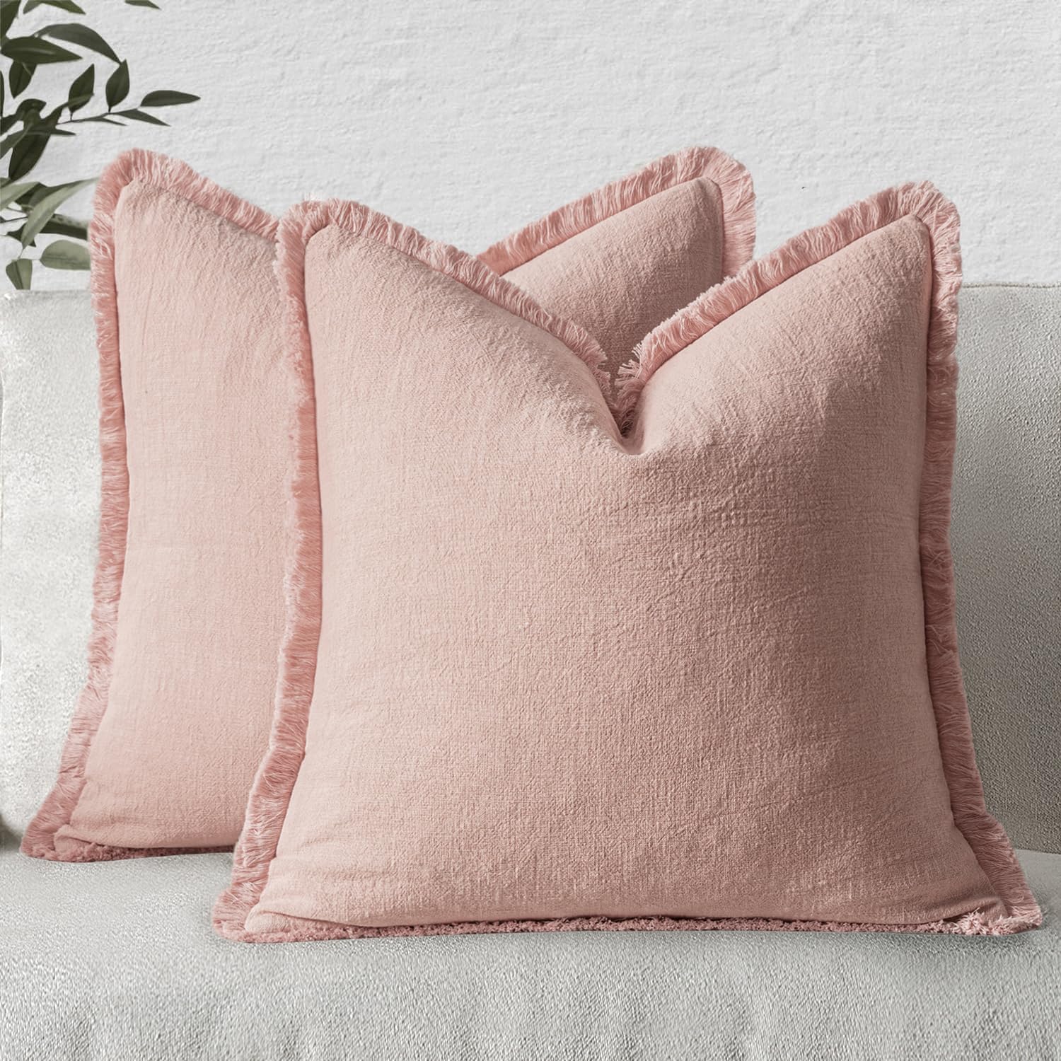 MIULEE Decorative Throw Pillow Covers Neutral Linen Fringe Throw Pillows Euro Shams Set of 2 Brown Boho Farmhouse Cushion Covers for Couch Sofa Bed Living Room Spring Home Decor 26x26 Inch