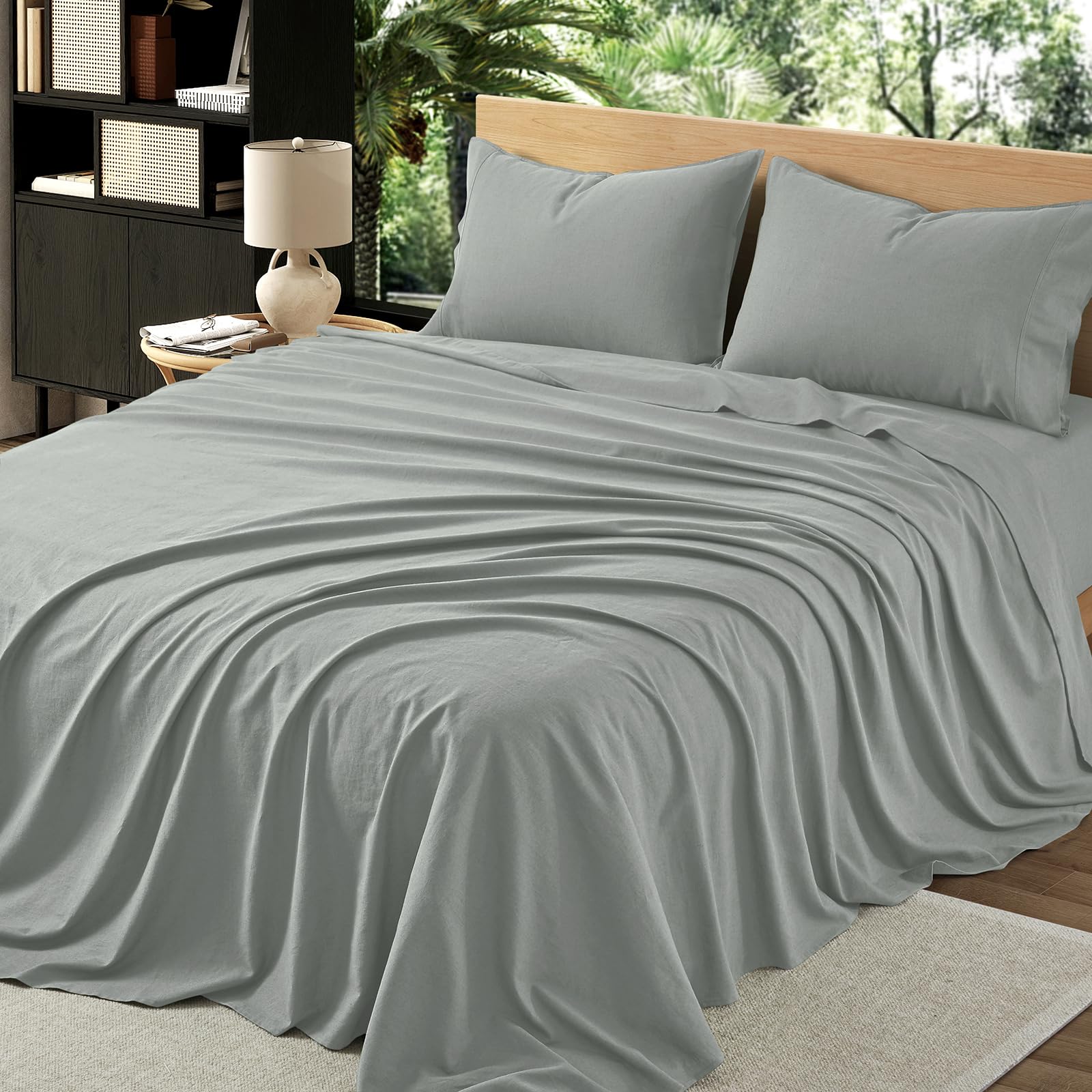 4Pcs Organic Linen Sheets Queen Size, 100% French Linen from Normandy, Breathable Natural Linen Queen Sheet Set with 16 Inch Deep Pocket, 1 Flat Sheet, 1 Fitted Sheet, 2 Pillowcases