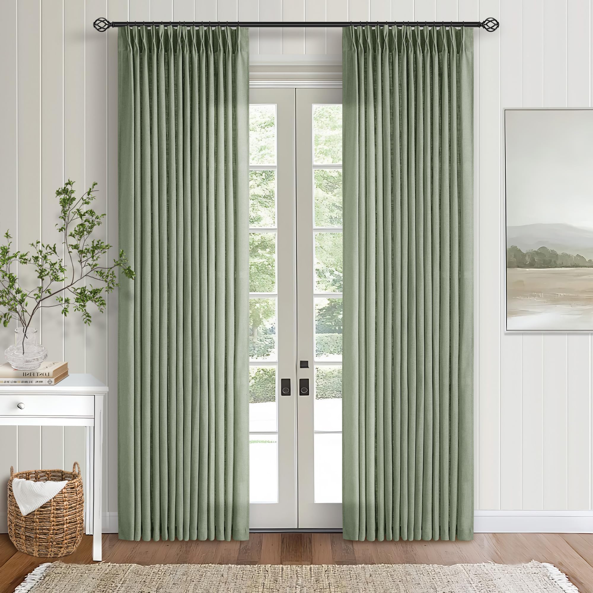 90 Inch Pinch Pleated Linen Curtains 2 Panel Set for Living Room Cream Natural Thick Linen Textured Drapes 90 Inches Long Pinch Pleat Drapes Birch Ivory Semi Sheer Curtain for Dining Bedroom Office
