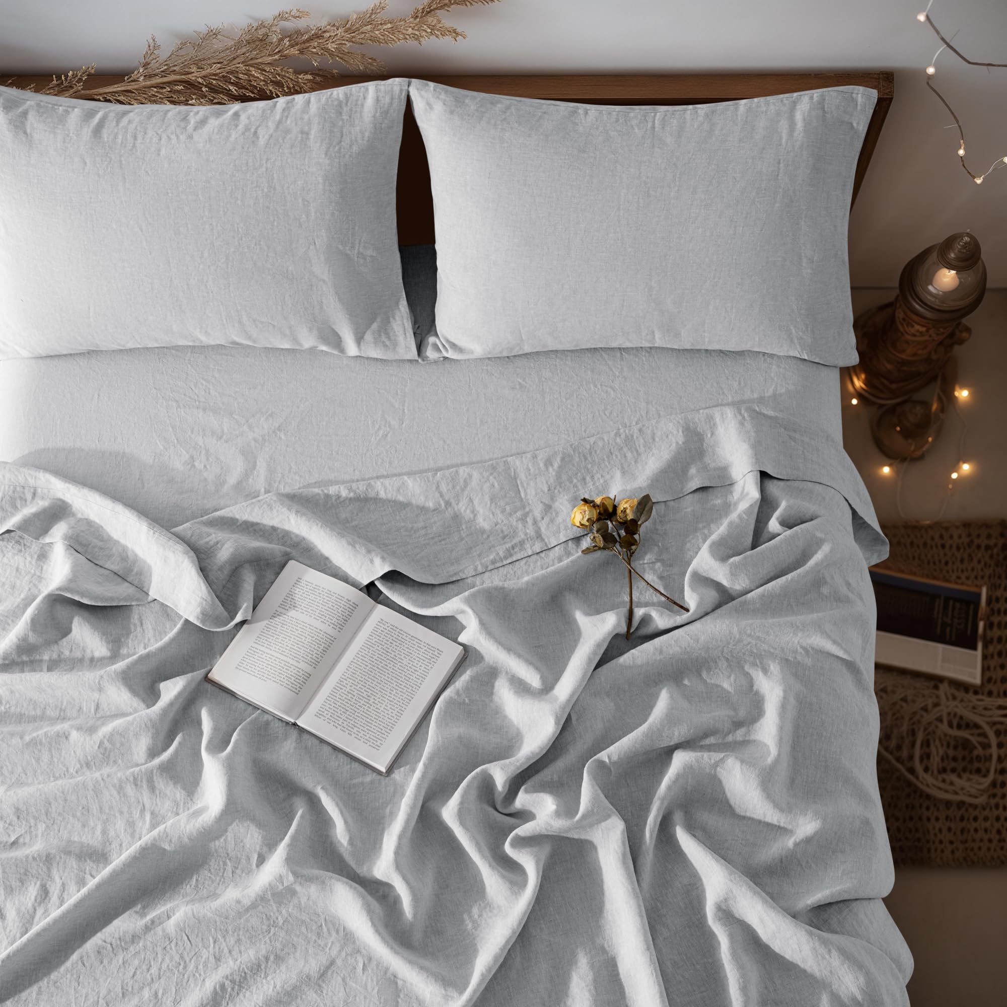 LBRO2M 100% Pure Linen Sheet Set Deep Pocket Up to 16" Bed Sheets Sets, Natural Flax Beddings Soft, Breathable, Comfortable for All Seasons 4 Pcs Sheet Set Queen Size, Linen
