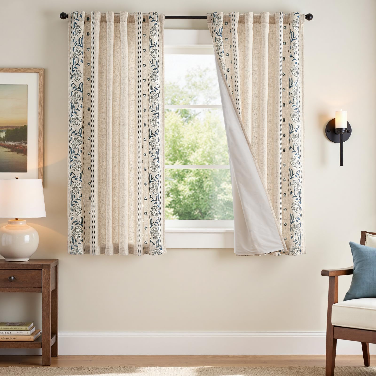 jinchan Winslow Linen Curtains for Bedroom 84 Inches Length Embroidered Bordered Floral Curtains for Living Room Farmhouse Decor Light Filtering Window Treatments Sage on Beige Drapes 2 Panels