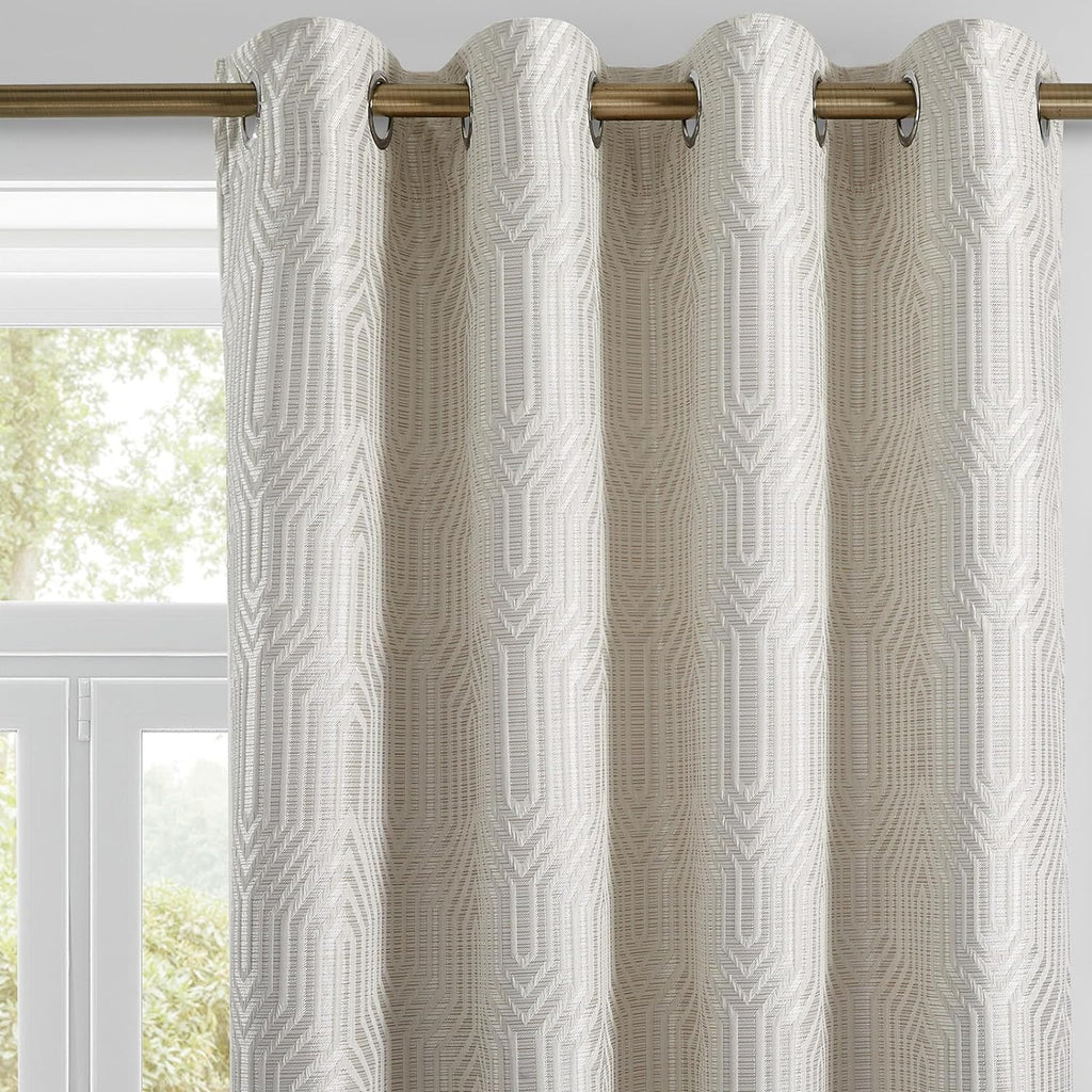 Beige and Silvery 100% Blackout Jacquard Geometric Pattern Curtains,52 Inch Wide 84 Inches Long 2 Panels, Thermal Insulated Noise Reducing Anti-Rust Grommet Drapes for Bedroom Living Room, Cream