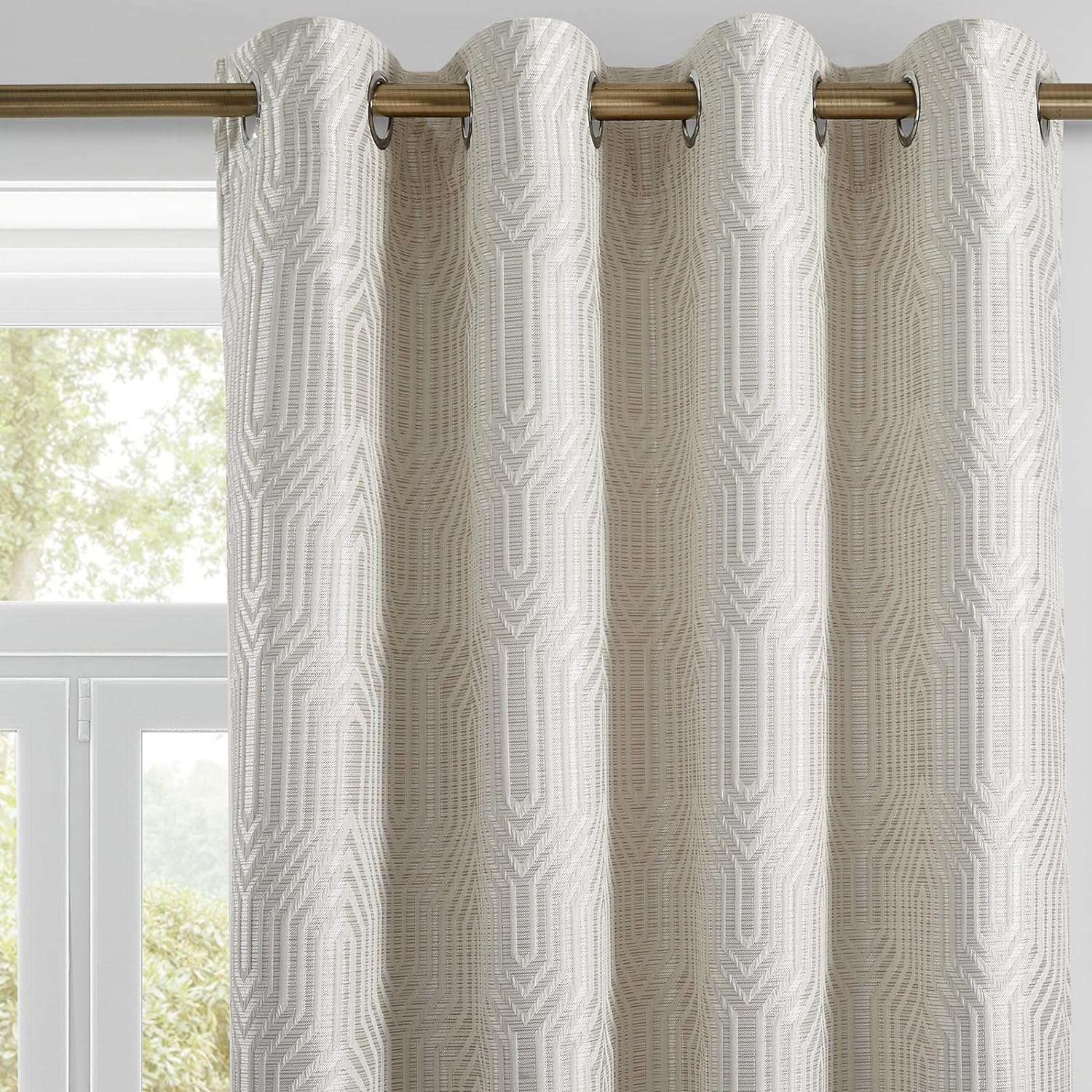 Beige and Silvery 100% Blackout Jacquard Geometric Pattern Curtains,52 Inch Wide 84 Inches Long 2 Panels, Thermal Insulated Noise Reducing Anti-Rust Grommet Drapes for Bedroom Living Room, Cream