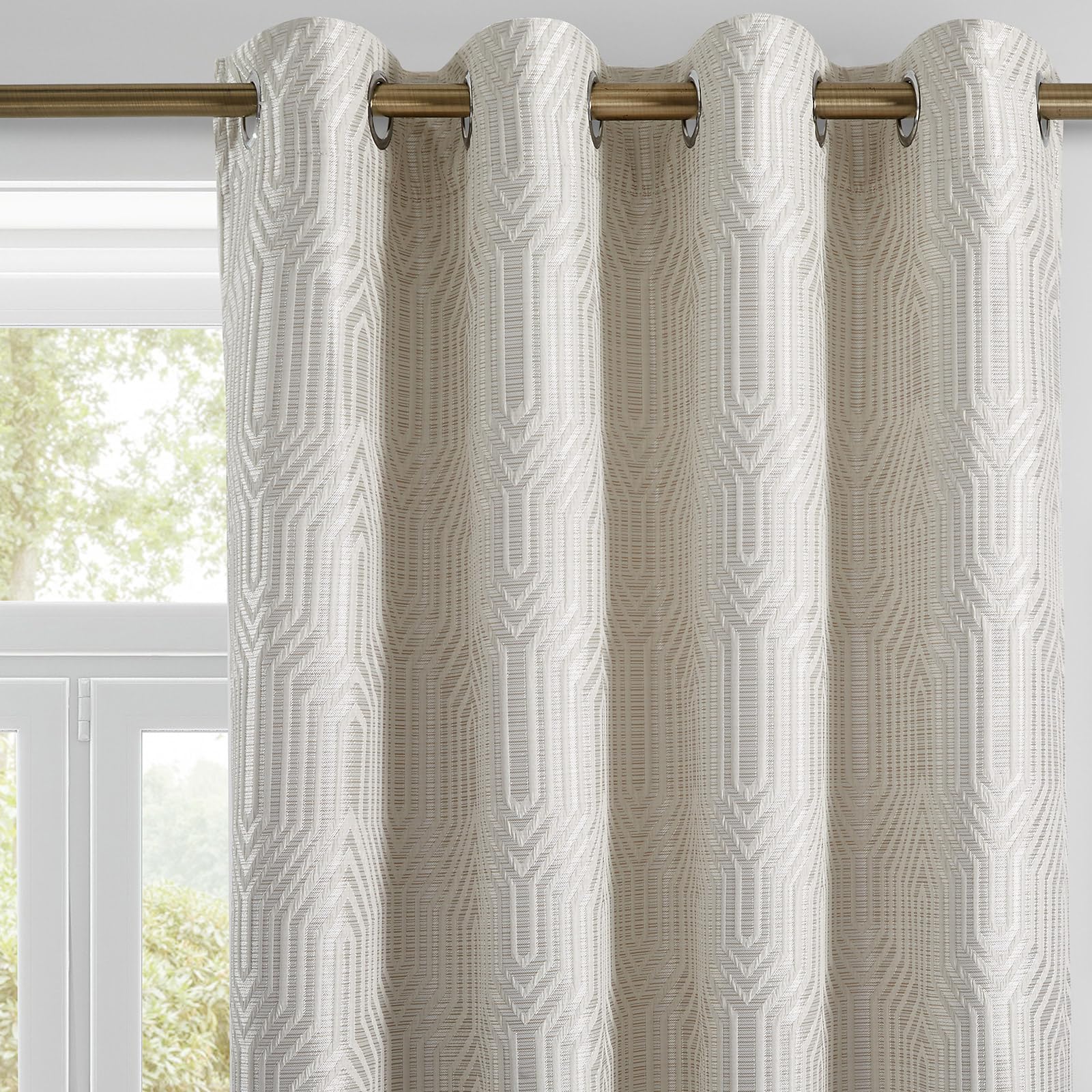 Beige and Silvery 100% Blackout Jacquard Geometric Pattern Curtains,52 Inch Wide 84 Inches Long 2 Panels, Thermal Insulated Noise Reducing Anti-Rust Grommet Drapes for Bedroom Living Room, Cream