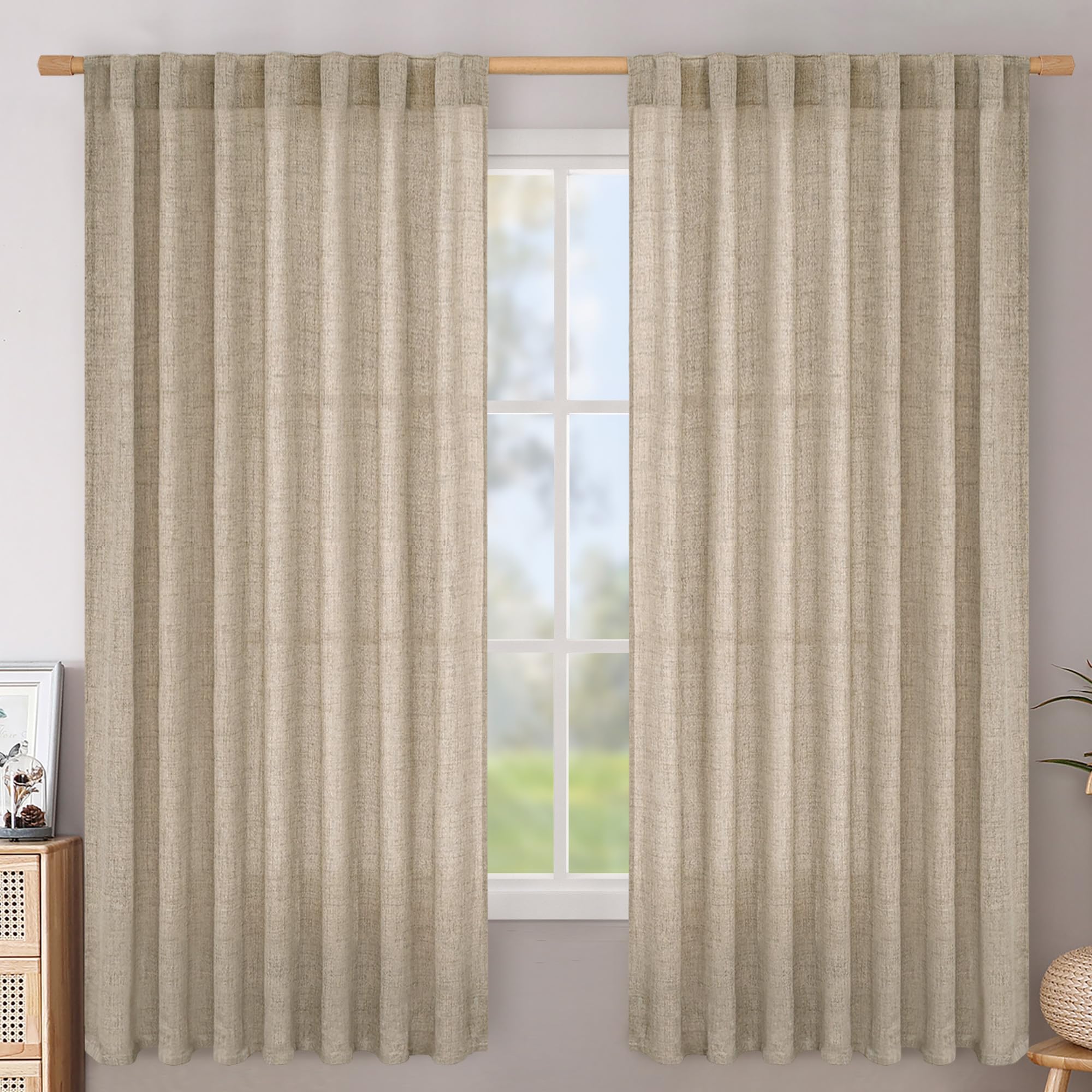 BGment Long 102 Inch Length Linen Curtains for Living Room, Natural Rod Pocket Textured Burlap Drapes Rustic Country Light Filtering for Bedroom Semi Sheer Back Tab, 2 Panel, 52 Inch Wide Each Panel