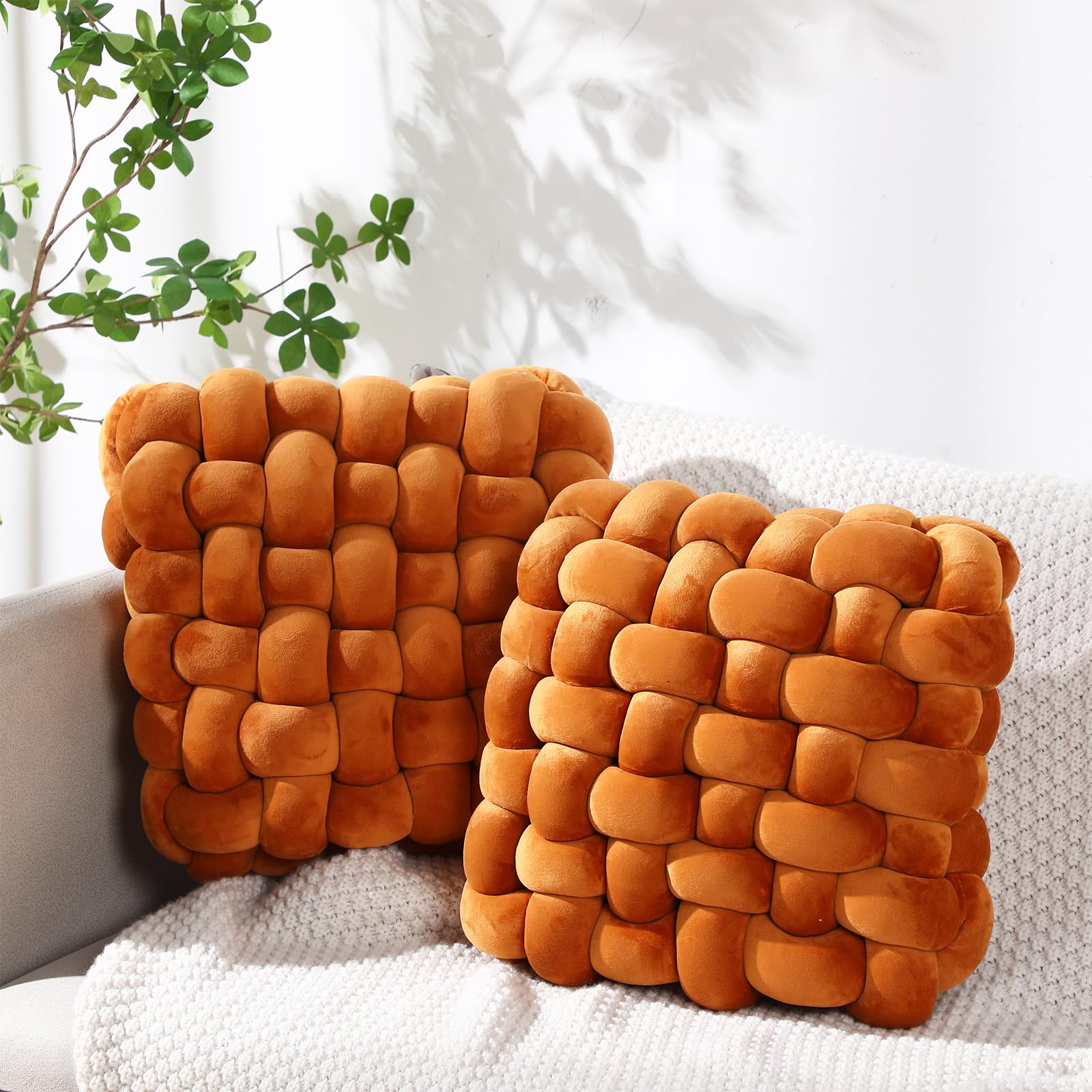 Wenqik 2 Pcs Knot Pillows Square Knotted Plush Throws Soft Accent Pillows Decoration Cushion for Couch Home Office Living Room Bedroom Bed Sofa Decor, 12'' x 13''(Cream White,Lambswool)