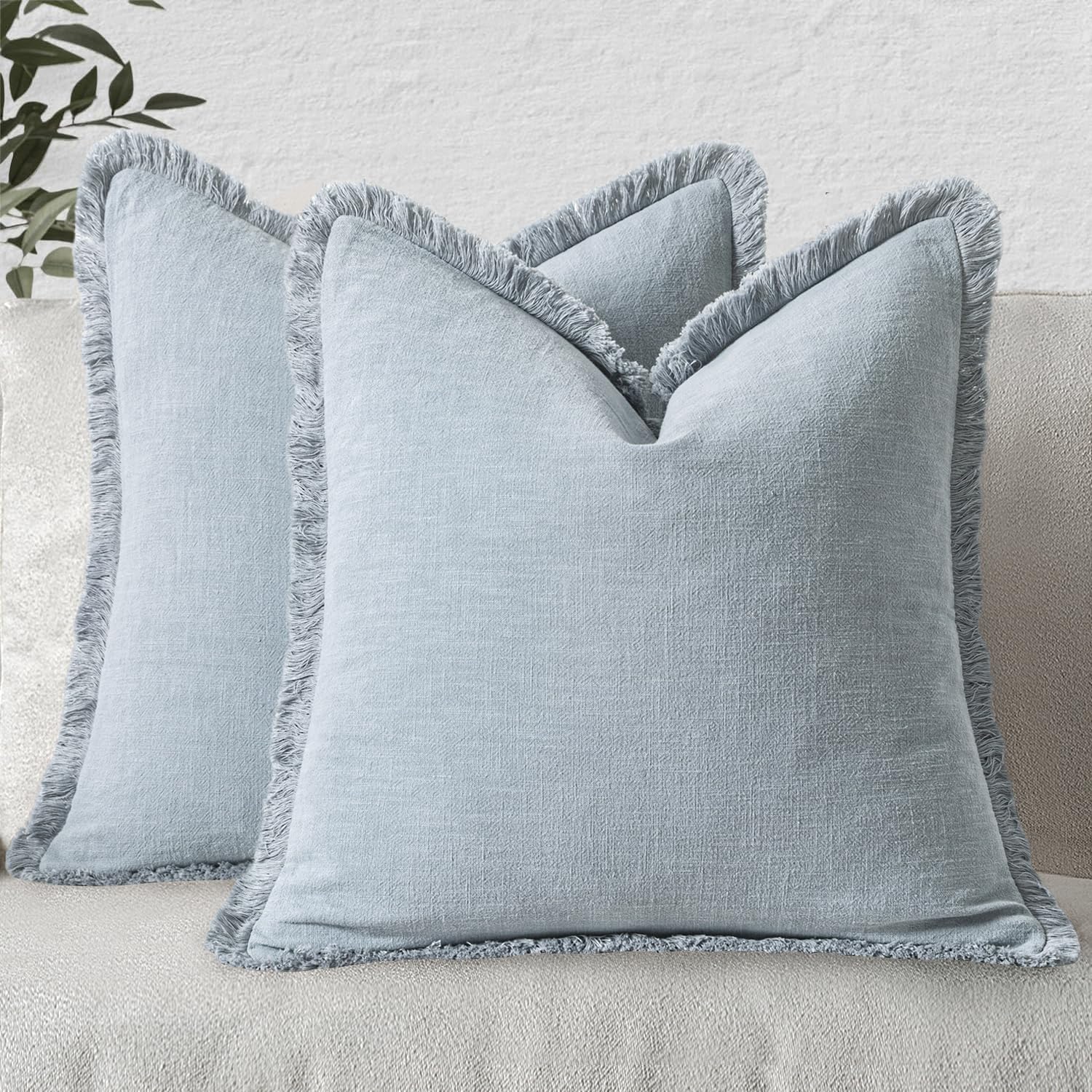 MIULEE Decorative Throw Pillow Covers Neutral Linen Fringe Throw Pillows Set of 2 Natural Linen Boho Farmhouse Cushion Covers with Tassels for Couch Sofa Bed Spring Home Decor 28x28 Inch