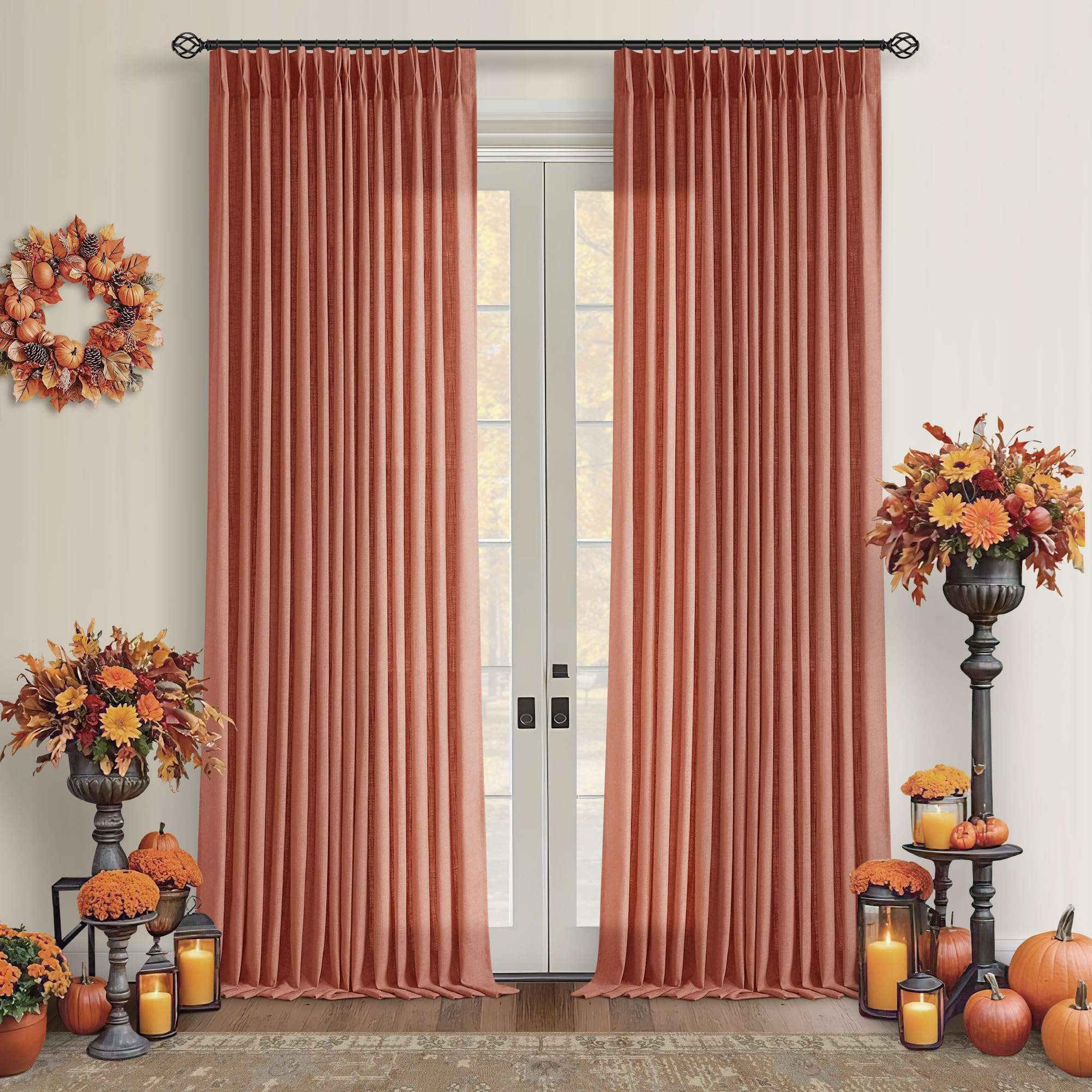 90 Inch Pinch Pleated Linen Curtains 2 Panel Set for Living Room Cream Natural Thick Linen Textured Drapes 90 Inches Long Pinch Pleat Drapes Birch Ivory Semi Sheer Curtain for Dining Bedroom Office