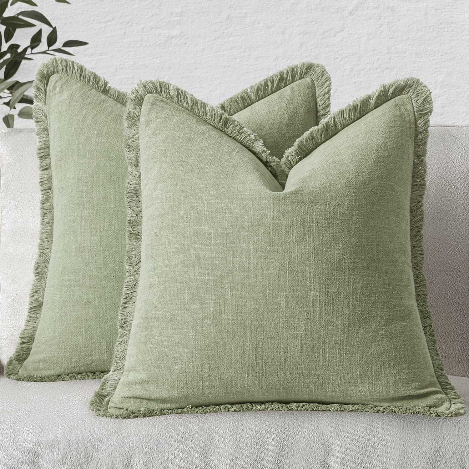 MIULEE Decorative Throw Pillow Covers Neutral Linen Fringe Throw Pillows Set of 2 Natural Linen Boho Farmhouse Cushion Covers with Tassels for Couch Sofa Bed Spring Home Decor 28x28 Inch