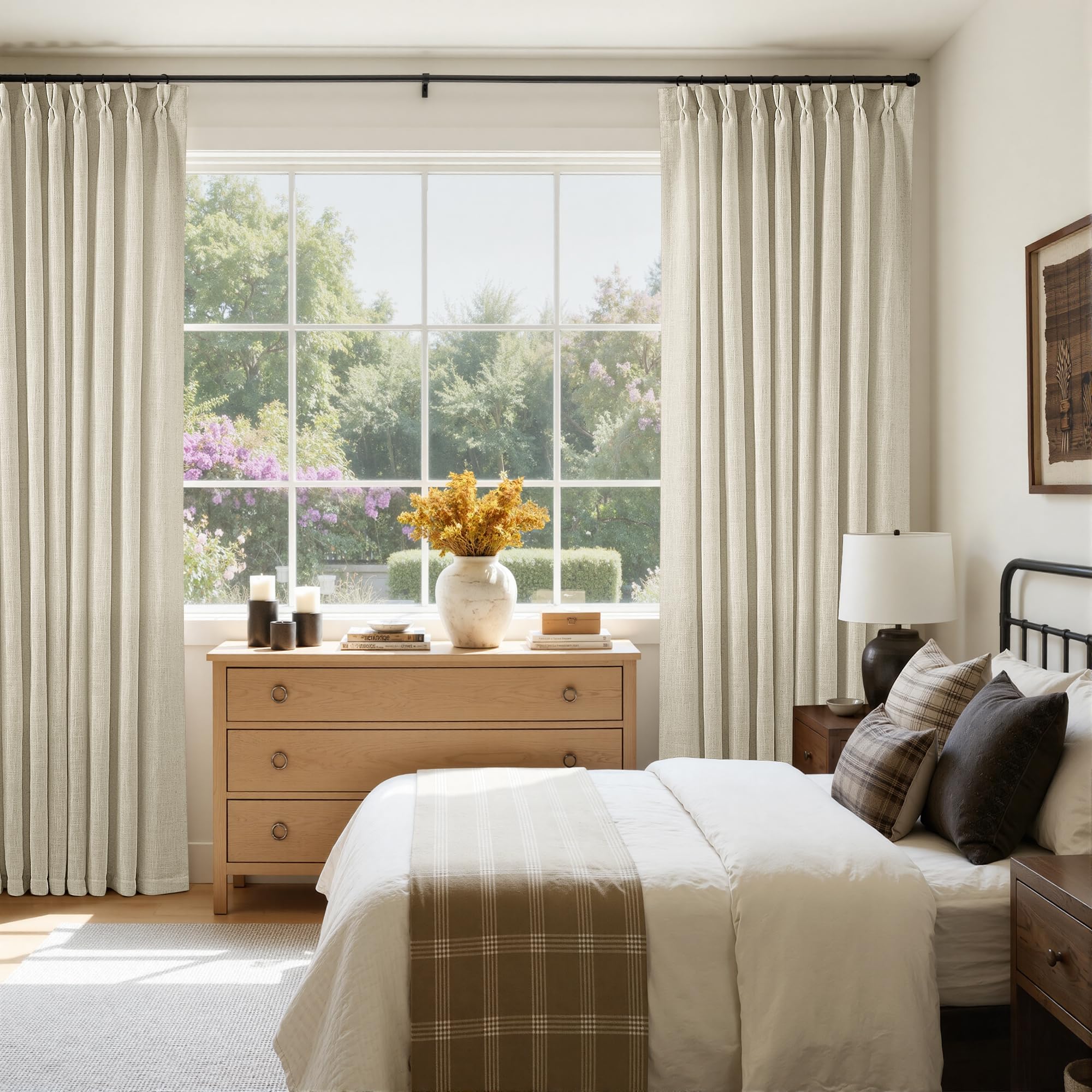 90 Inch Pinch Pleated Linen Curtains 2 Panel Set for Living Room Cream Natural Thick Linen Textured Drapes 90 Inches Long Pinch Pleat Drapes Birch Ivory Semi Sheer Curtain for Dining Bedroom Office