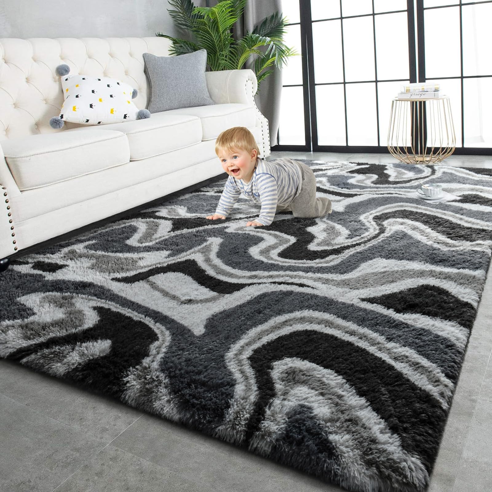 TWINNIS Super Soft Shaggy Rugs Fluffy Carpets, 6x9 Feet, Indoor Modern Plush Area Rugs for Living Room Bedroom Kids Room Nursery Home Decor, Upgrade Anti-Skid Rectangular Fuzzy Rug, Black Gray