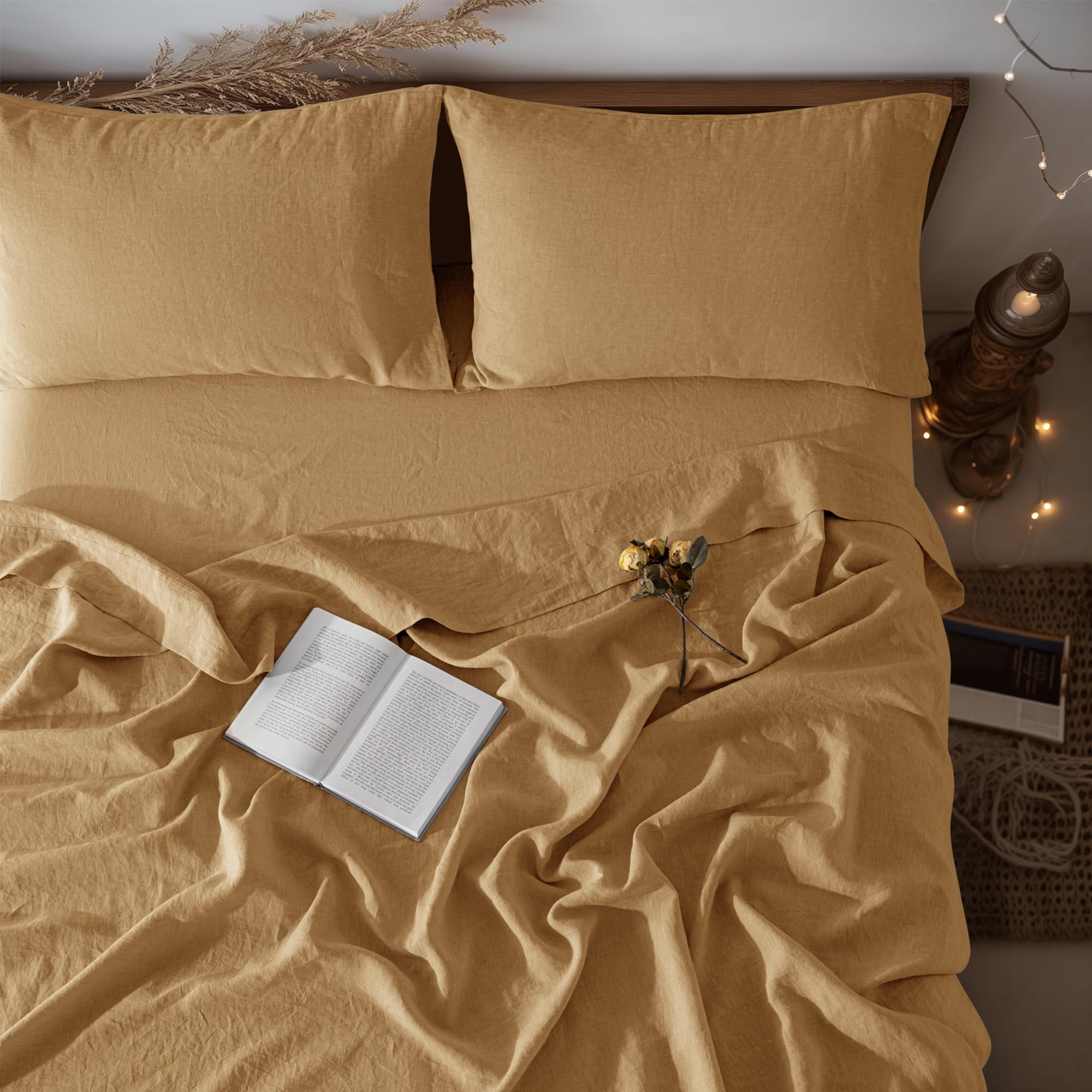 LBRO2M 100% Pure Linen Sheet Set Deep Pocket Up to 16" Bed Sheets Sets, Natural Flax Beddings Soft, Breathable, Comfortable for All Seasons 4 Pcs Sheet Set Queen Size, Linen
