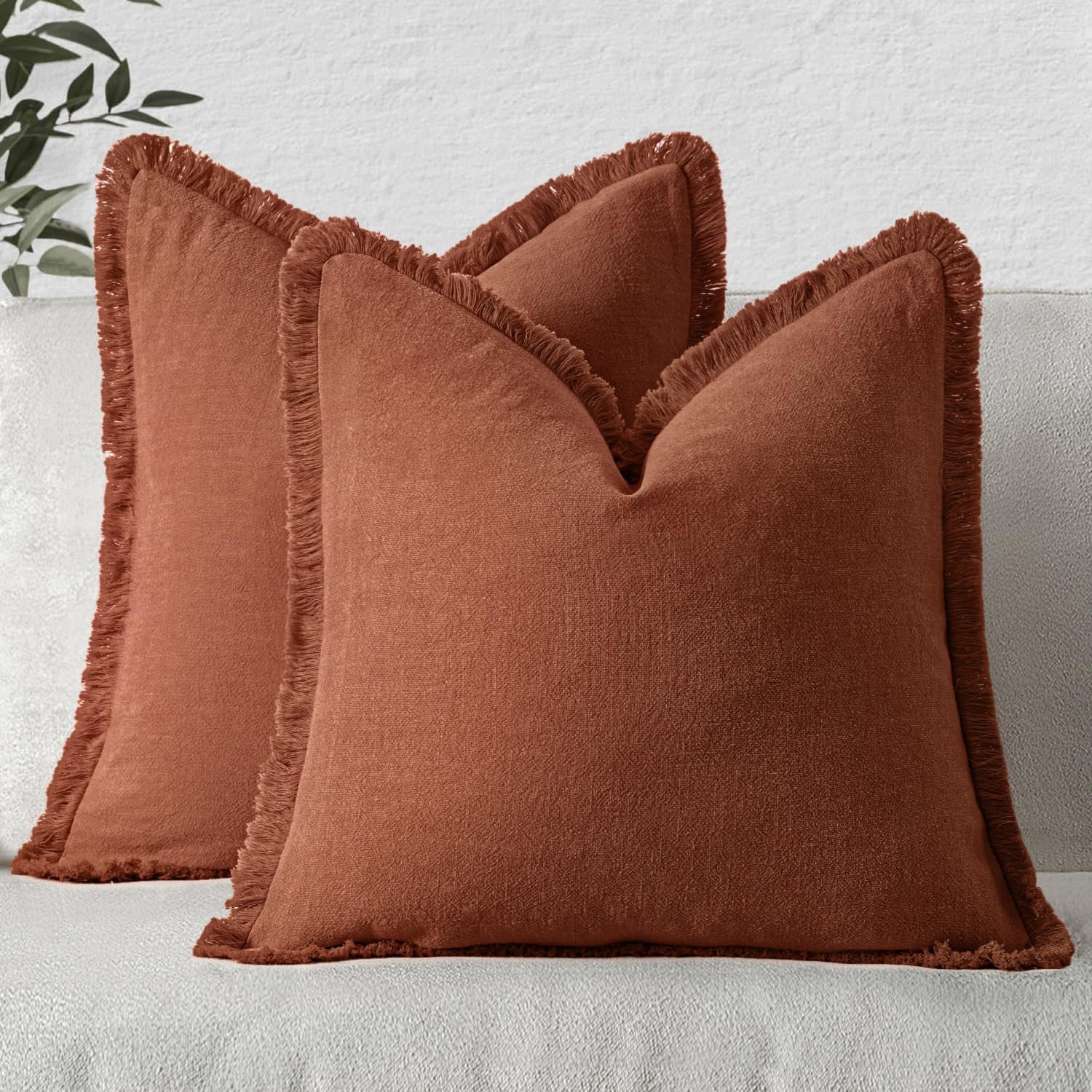MIULEE Decorative Throw Pillow Covers Neutral Linen Fringe Throw Pillows Euro Shams Set of 2 Brown Boho Farmhouse Cushion Covers for Couch Sofa Bed Living Room Spring Home Decor 26x26 Inch