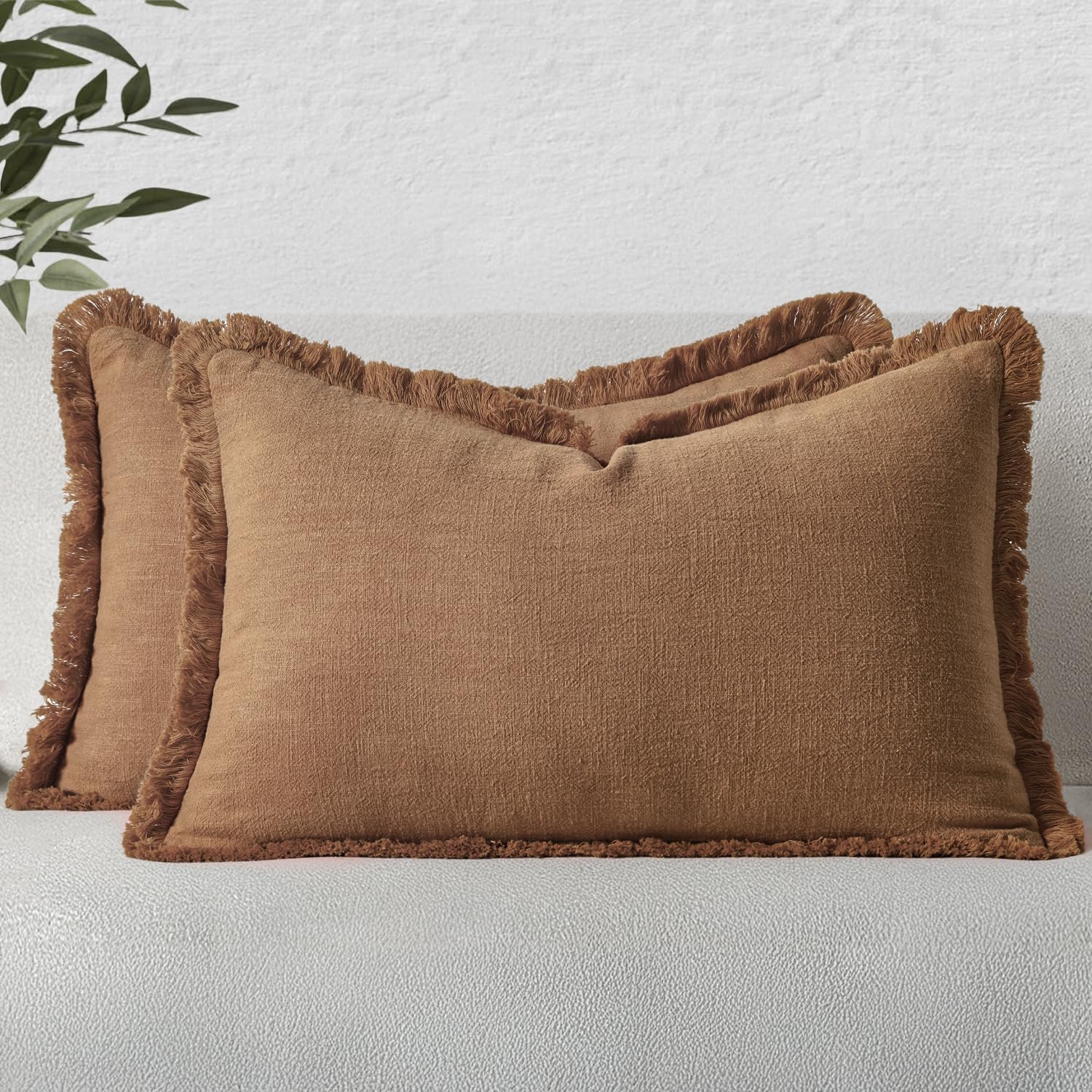 MIULEE Decorative Throw Pillow Covers Neutral Linen Fringe Throw Pillows Set of 2 Natural Linen Boho Farmhouse Cushion Covers with Tassels for Couch Sofa Bed Spring Home Decor 28x28 Inch