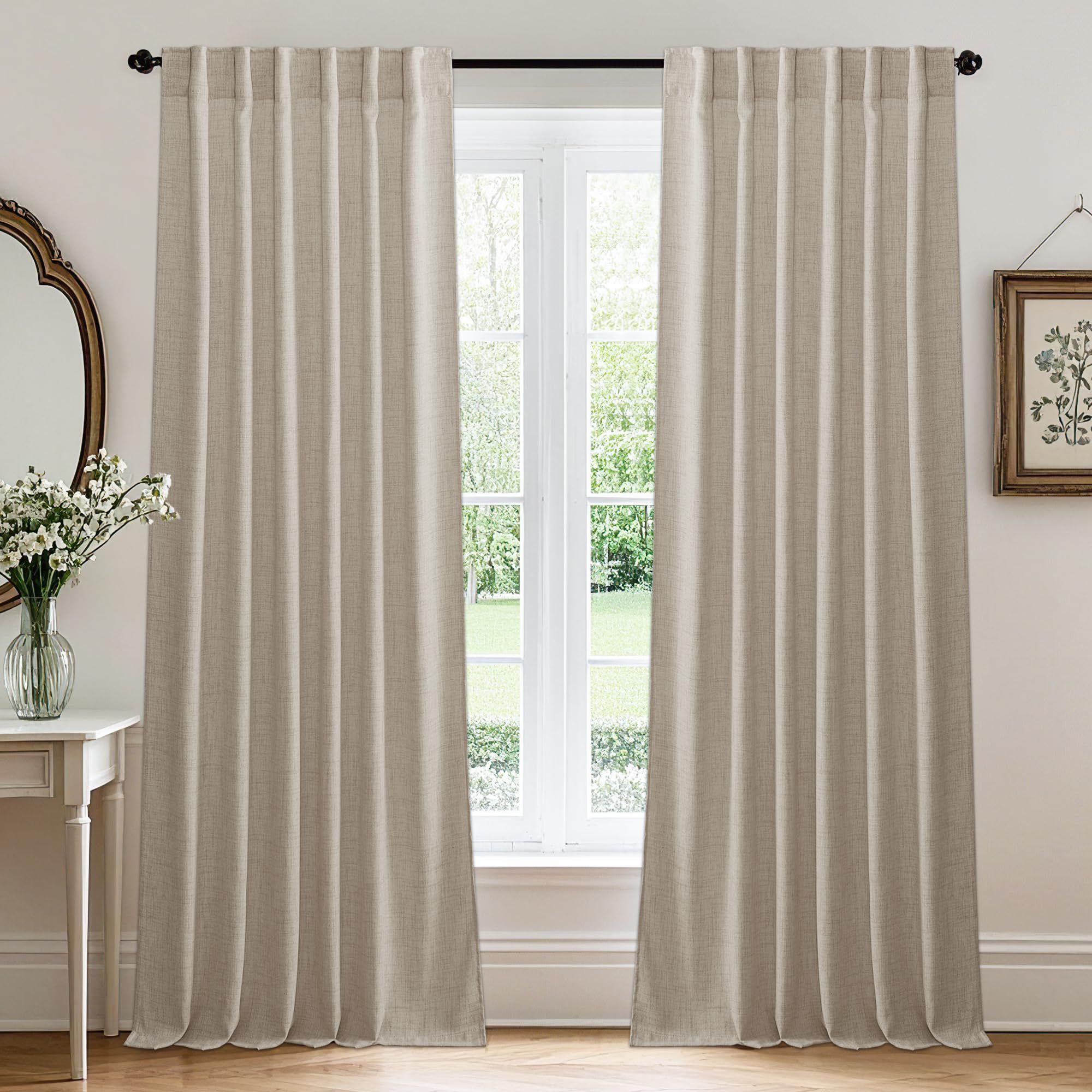 RYB HOME Farmhouse Sheer Curtains 108 inch Length, Semi Sheer Curtain & Drapes Large Window Dressing Lights & Winds Filter for Bedroom Home Office Living Room, Linen, W 70 x L 108 inch Long, 1 Pair