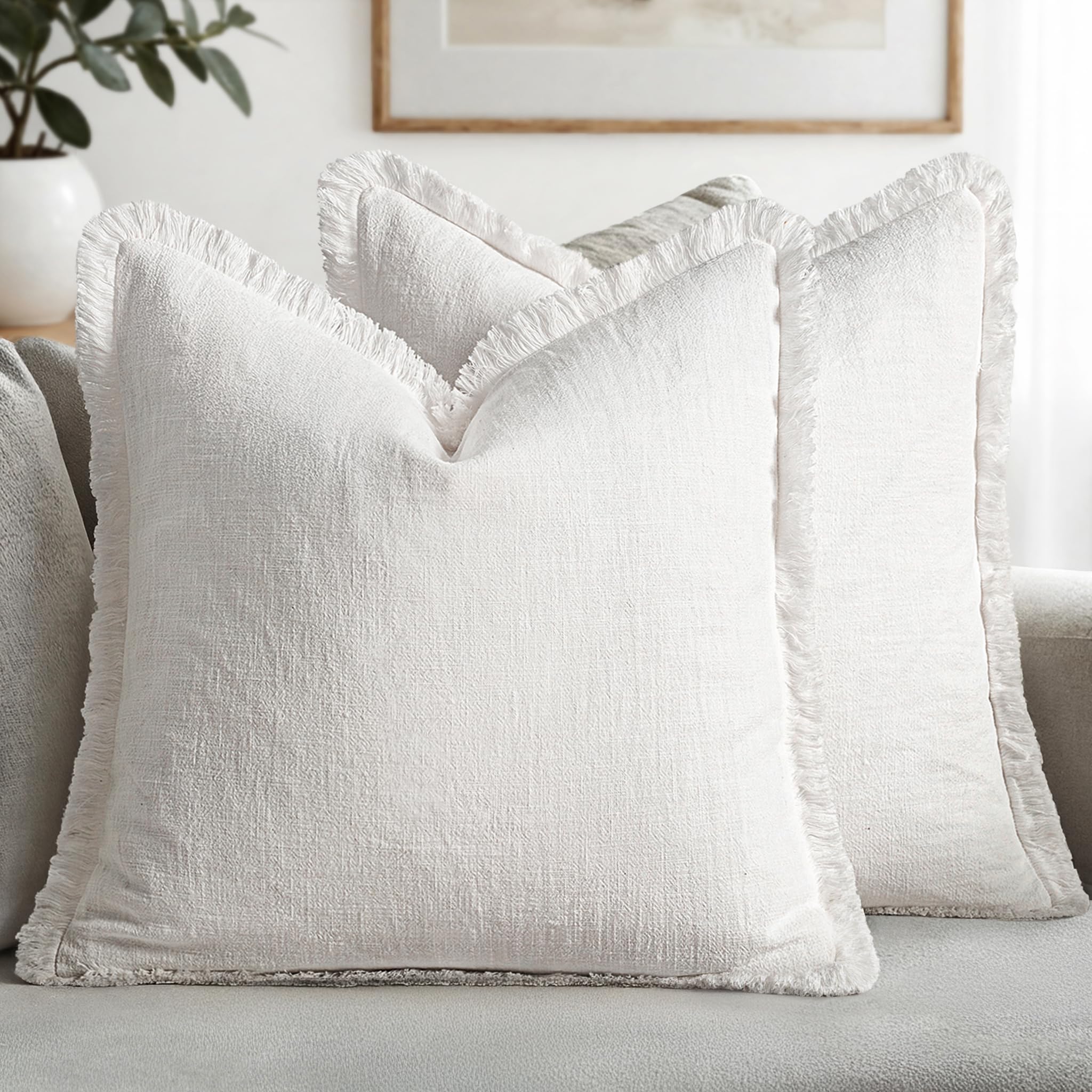 MIULEE Decorative Throw Pillow Covers Neutral Linen Fringe Throw Pillows Euro Shams Set of 2 Brown Boho Farmhouse Cushion Covers for Couch Sofa Bed Living Room Spring Home Decor 26x26 Inch